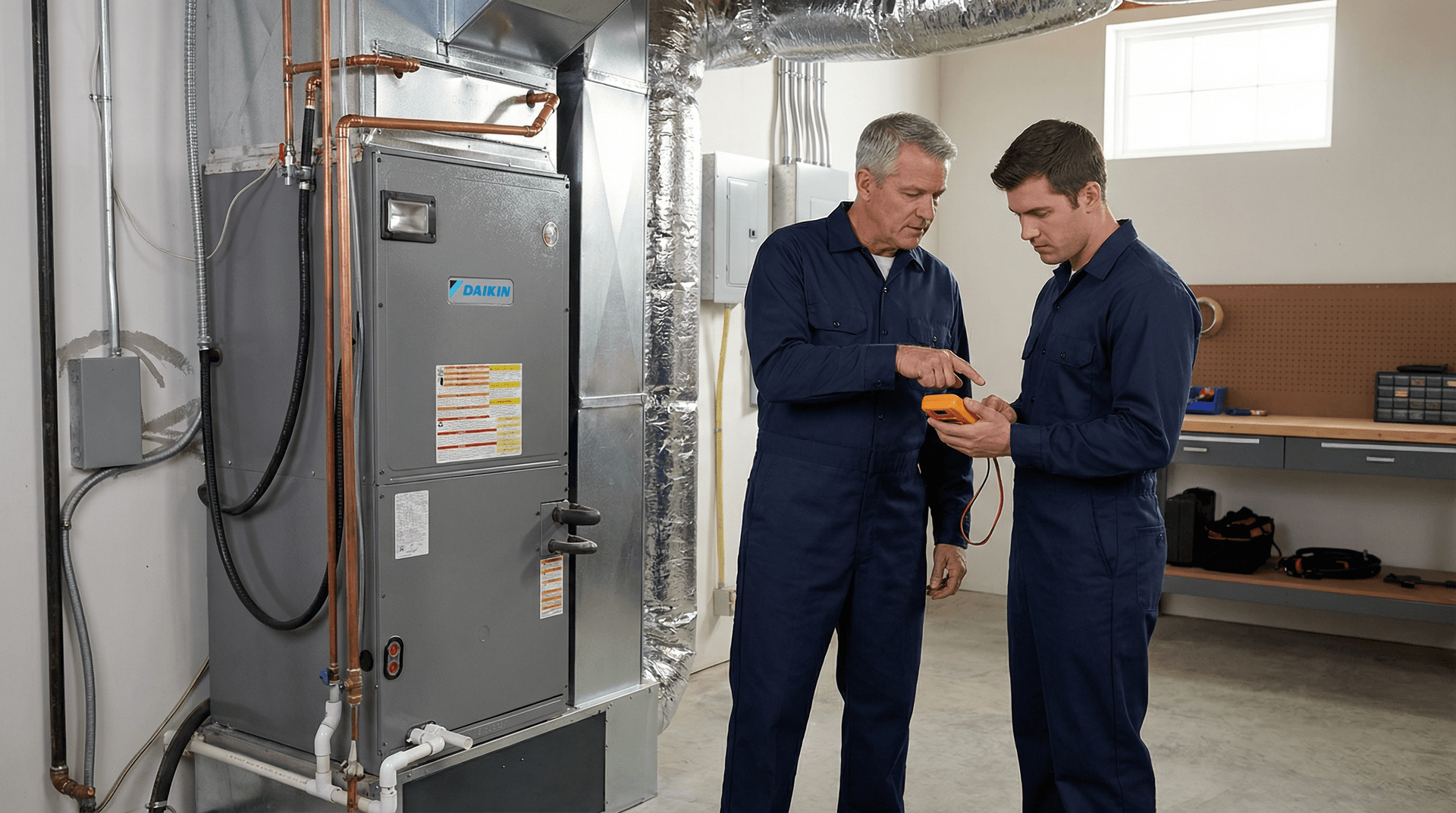 Experienced and newer Denoco technicians alongside Daikin equipment