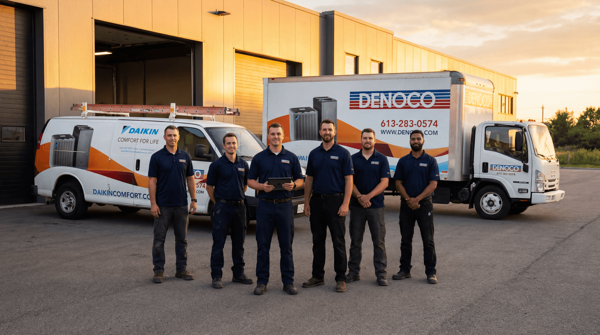 Denoco trades team at golden hour outside a modern service facility in South-Eastern Ontario