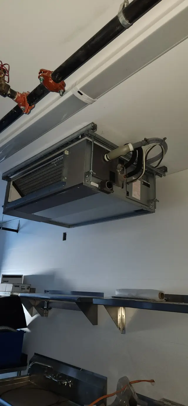 Outdoor Gree heat pump, newly installed. The pump is mounted on a concrete pad with a metal frame.