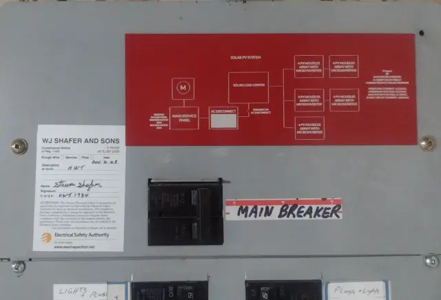 Main Breaker panel with red label indicating solar system setup