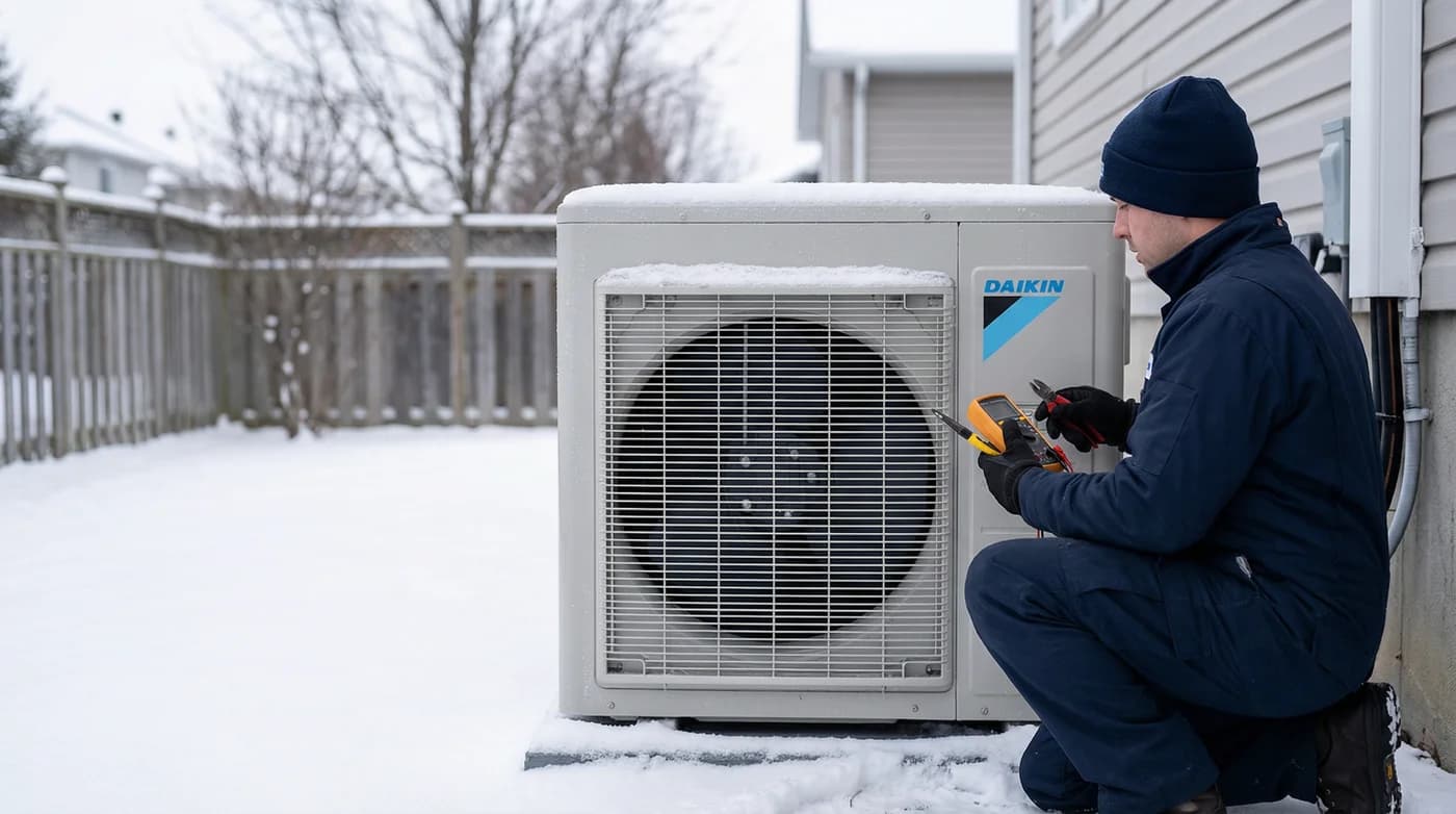 Daikin cold-climate heat pump outdoor unit being serviced in winter