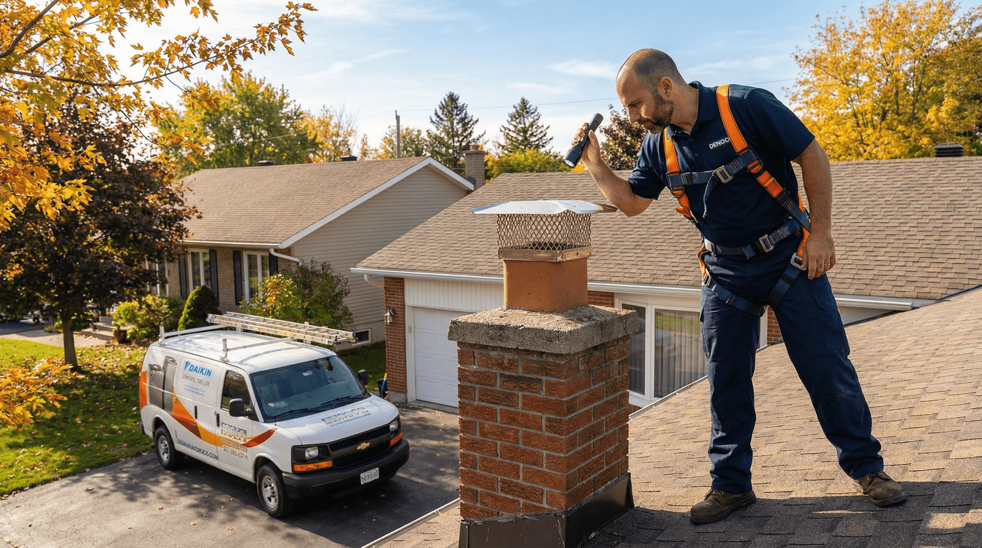 Denoco technician inspecting a chimney termination and cap on a South-Eastern Ontario home