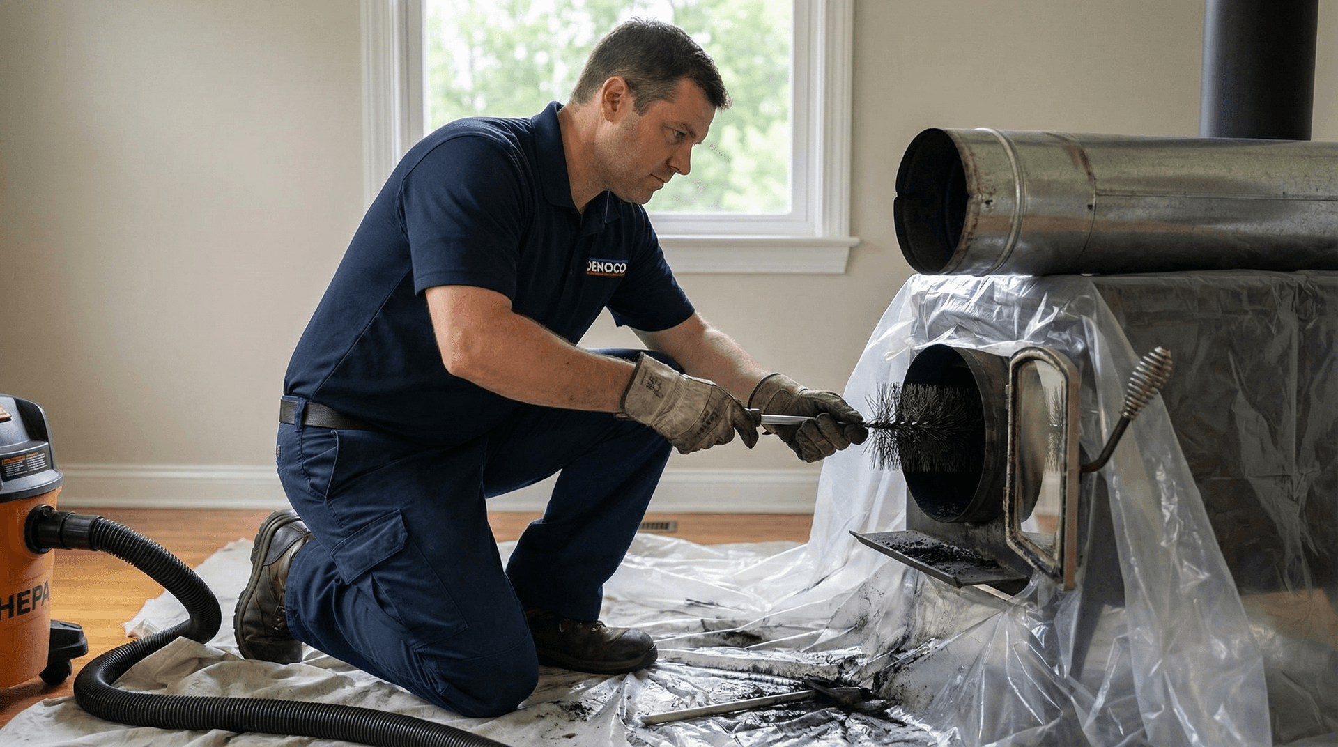 Close-up of containment-first chimney sweeping and inspection at a wood stove cleanout