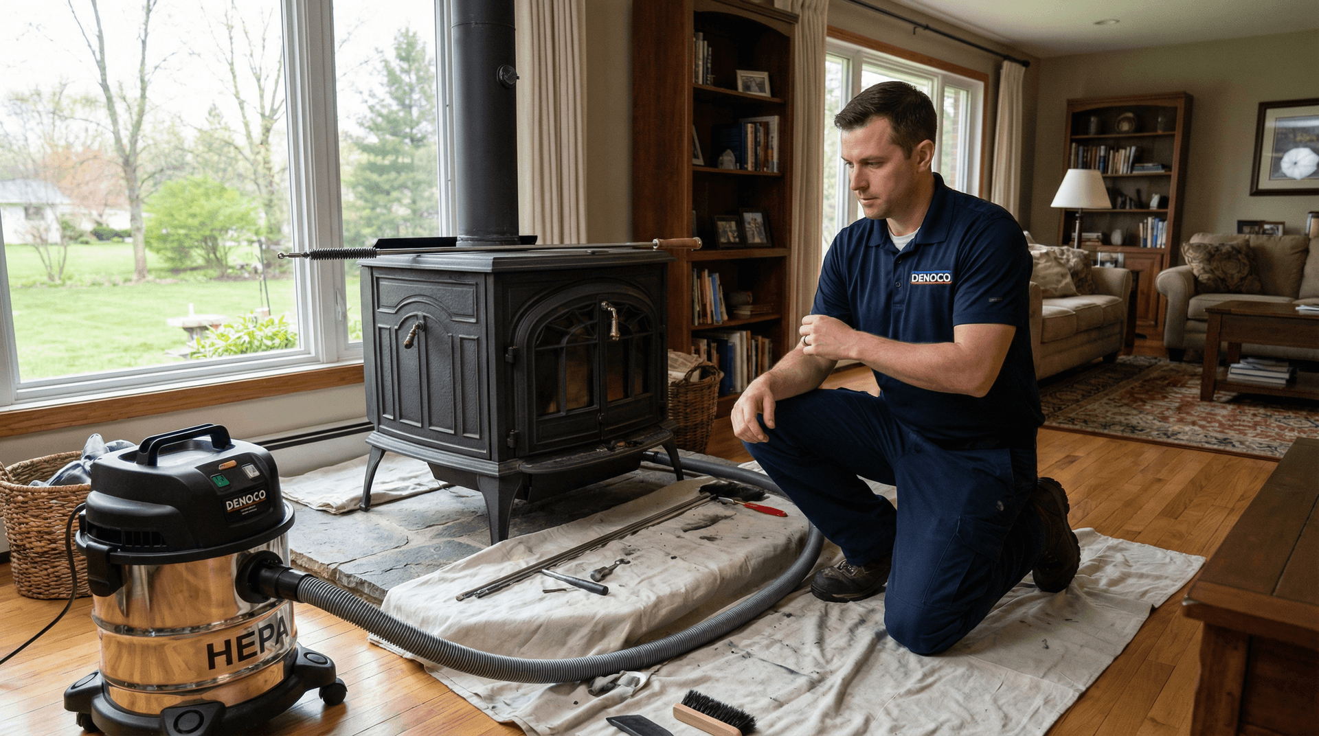 Denoco chimney sweeping technician setting up containment and equipment for a wood stove service in South-Eastern Ontario