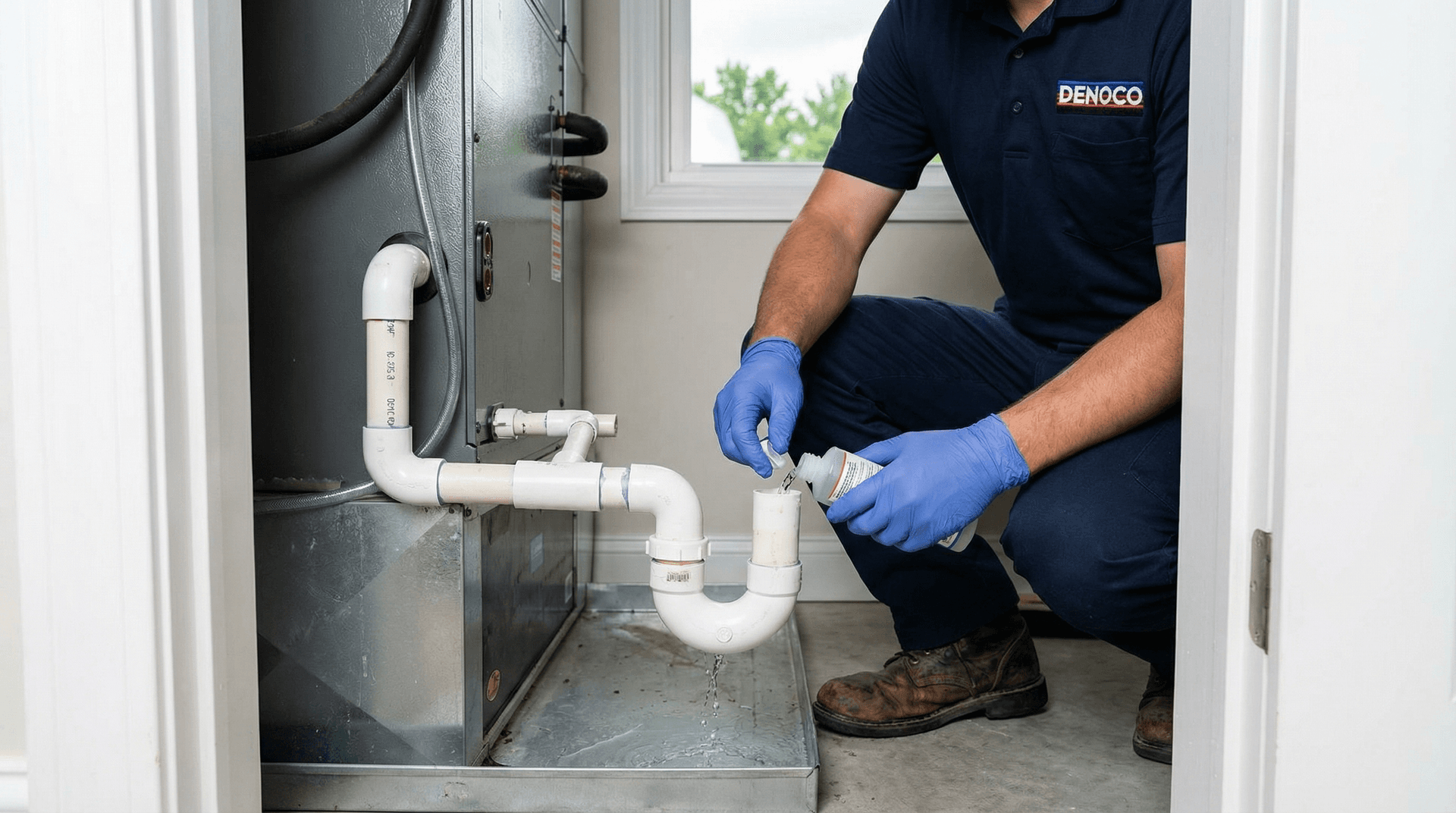 Close-up of Denoco technician servicing an HVAC condensate drain line and pan to prevent musty startup smells