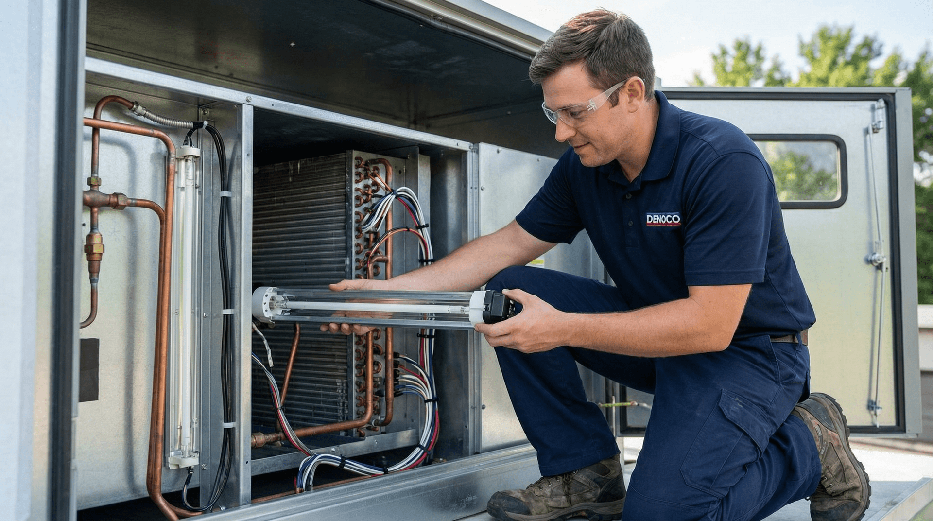 Denoco technician installing a UV-C light aimed at an evaporator coil to help prevent microbial odours