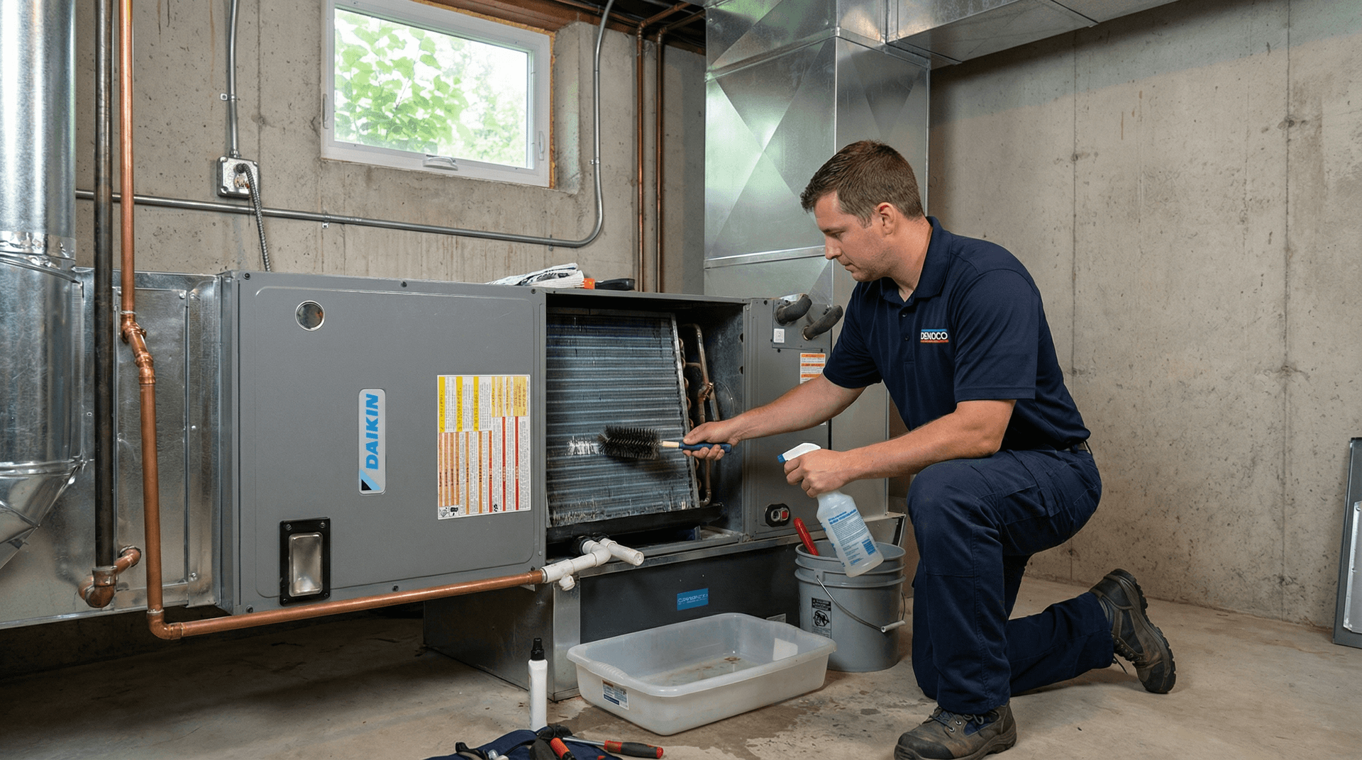 Denoco technician cleaning an HVAC evaporator coil and inspecting the condensate drain to resolve dirty sock syndrome odours