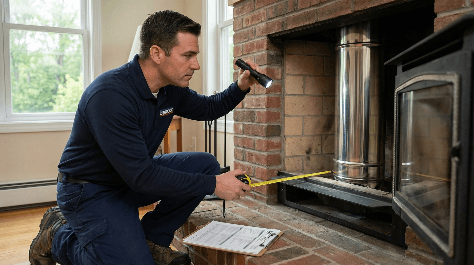 Kingston technician performing a WETT-style wood fireplace inspection