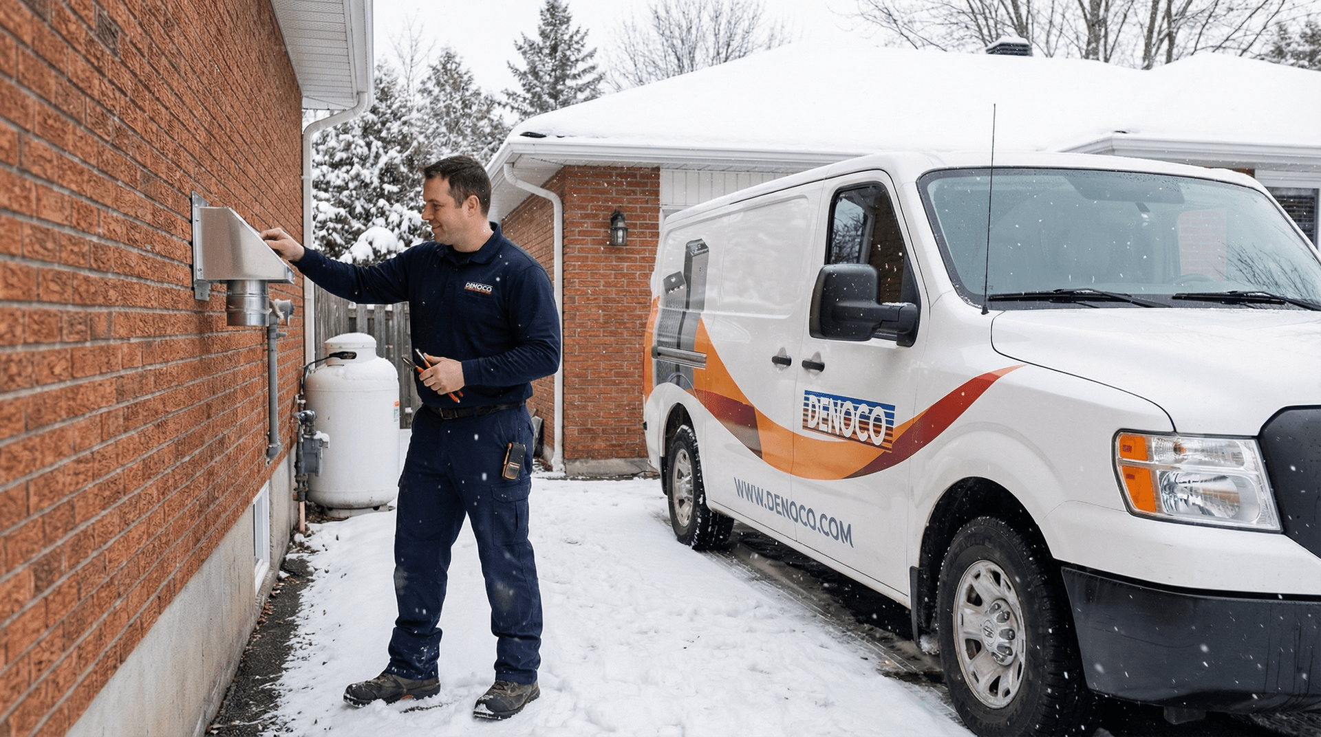 Denoco technician servicing a propane fireplace vent in winter