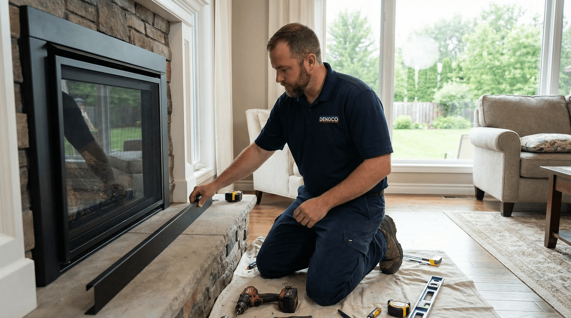 Denoco technician installing a modern gas fireplace insert
