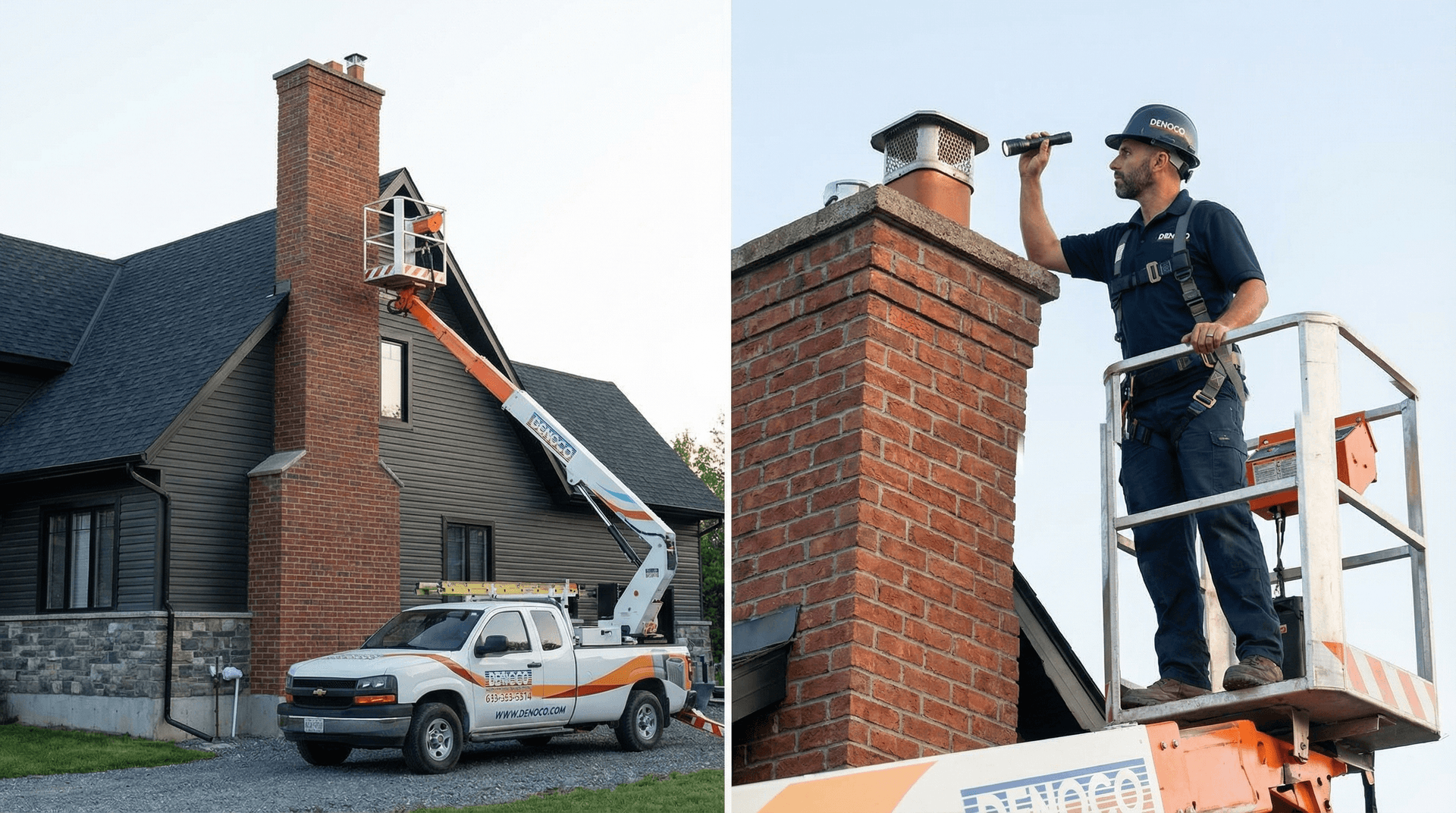 Denoco technician inspecting chimney termination as part of a WETT inspection in Eastern Ontario
