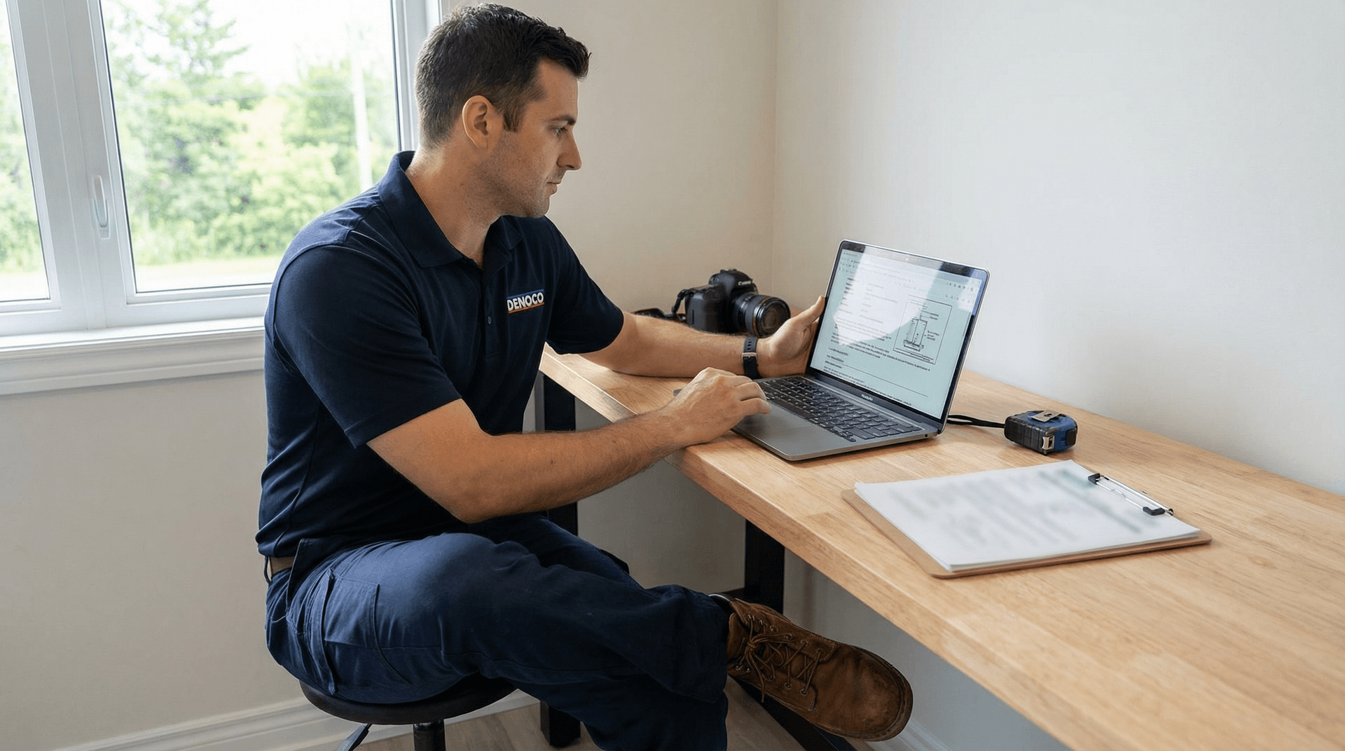 Denoco technician preparing WETT inspection documentation and photos for an inspection report