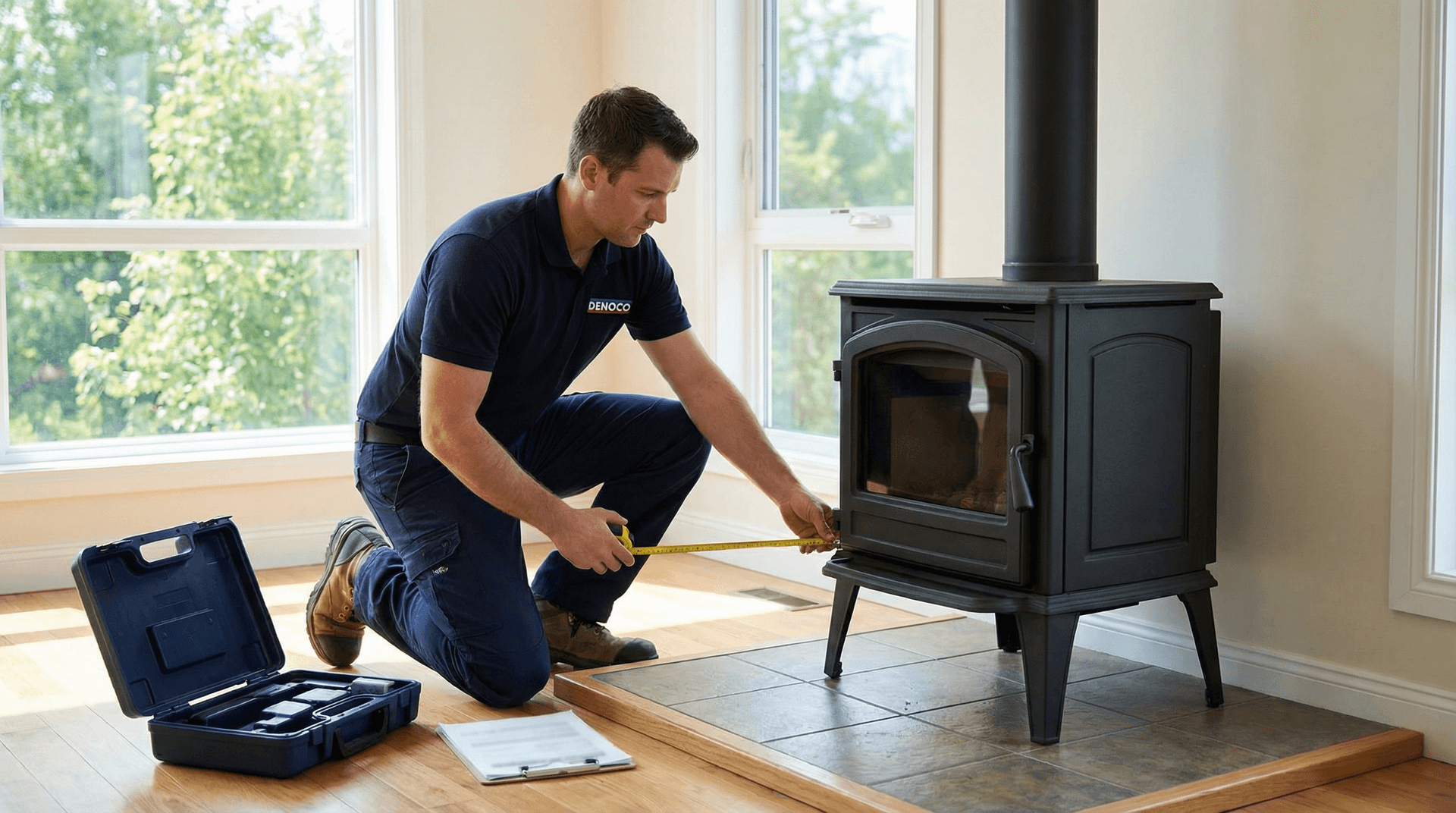 Denoco technician performing a WETT inspection clearance check for a wood stove in South-Eastern Ontario