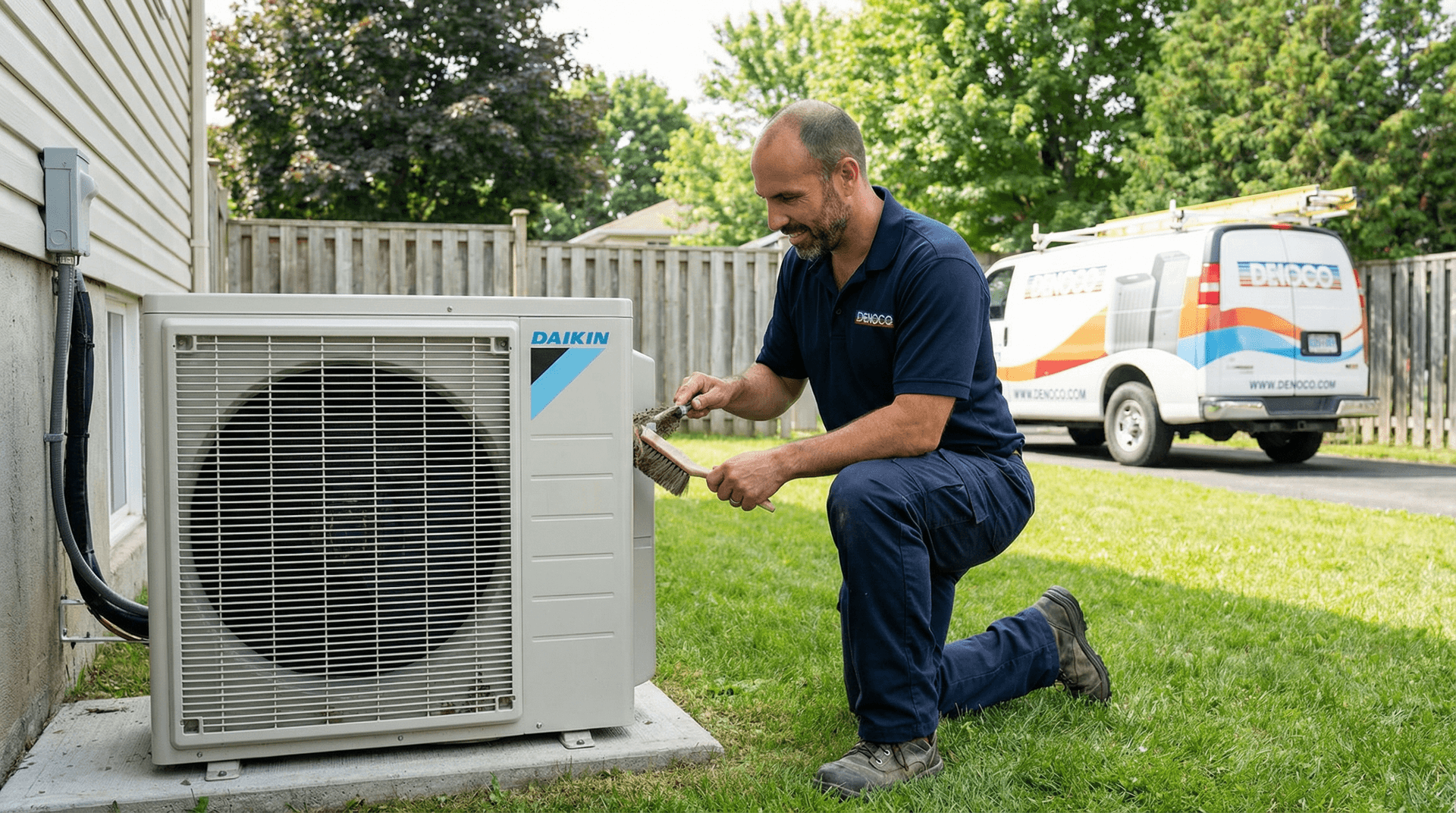 Technician cleaning a Daikin outdoor AC condenser; Denoco van at the home