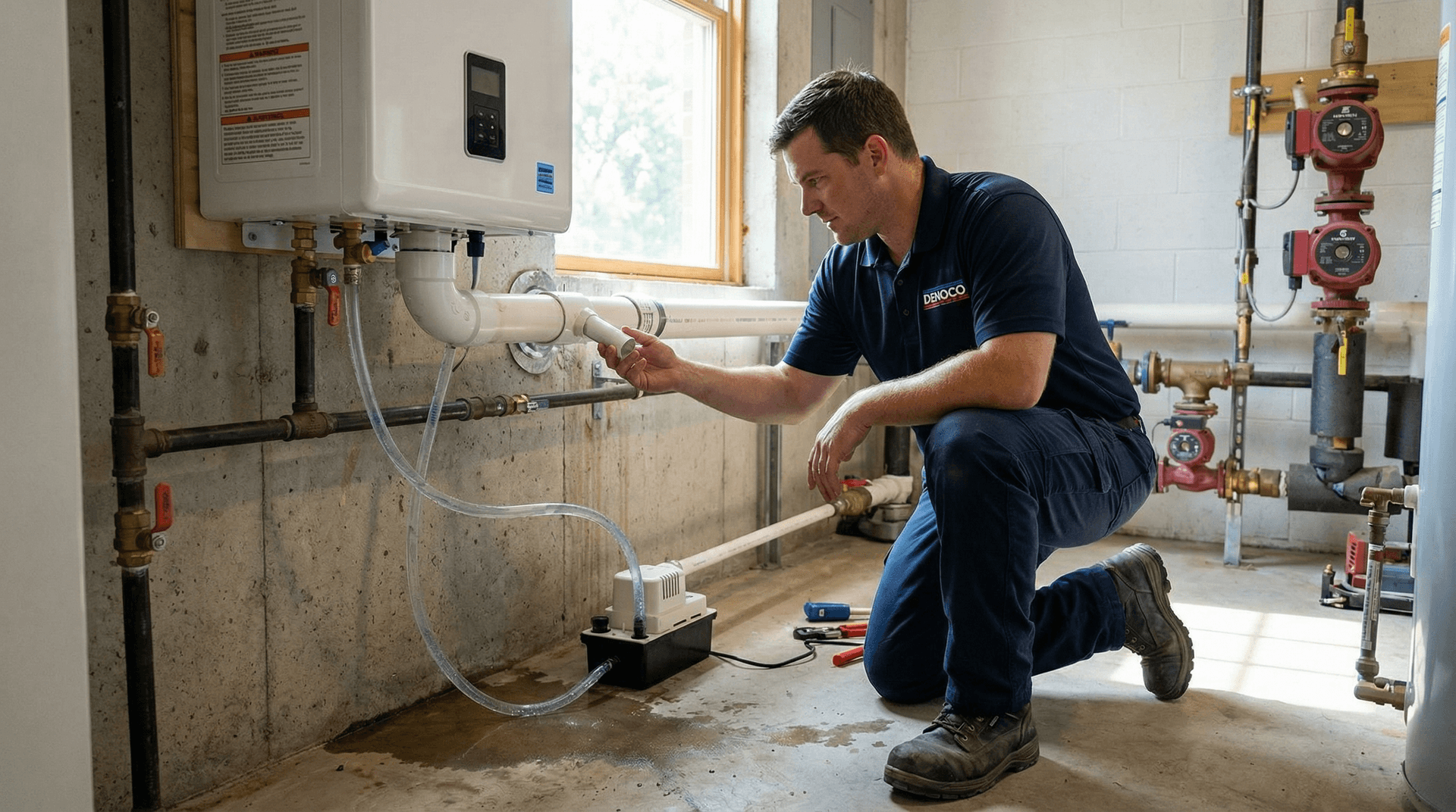 Boiler venting and condensate routing verified in a utility space