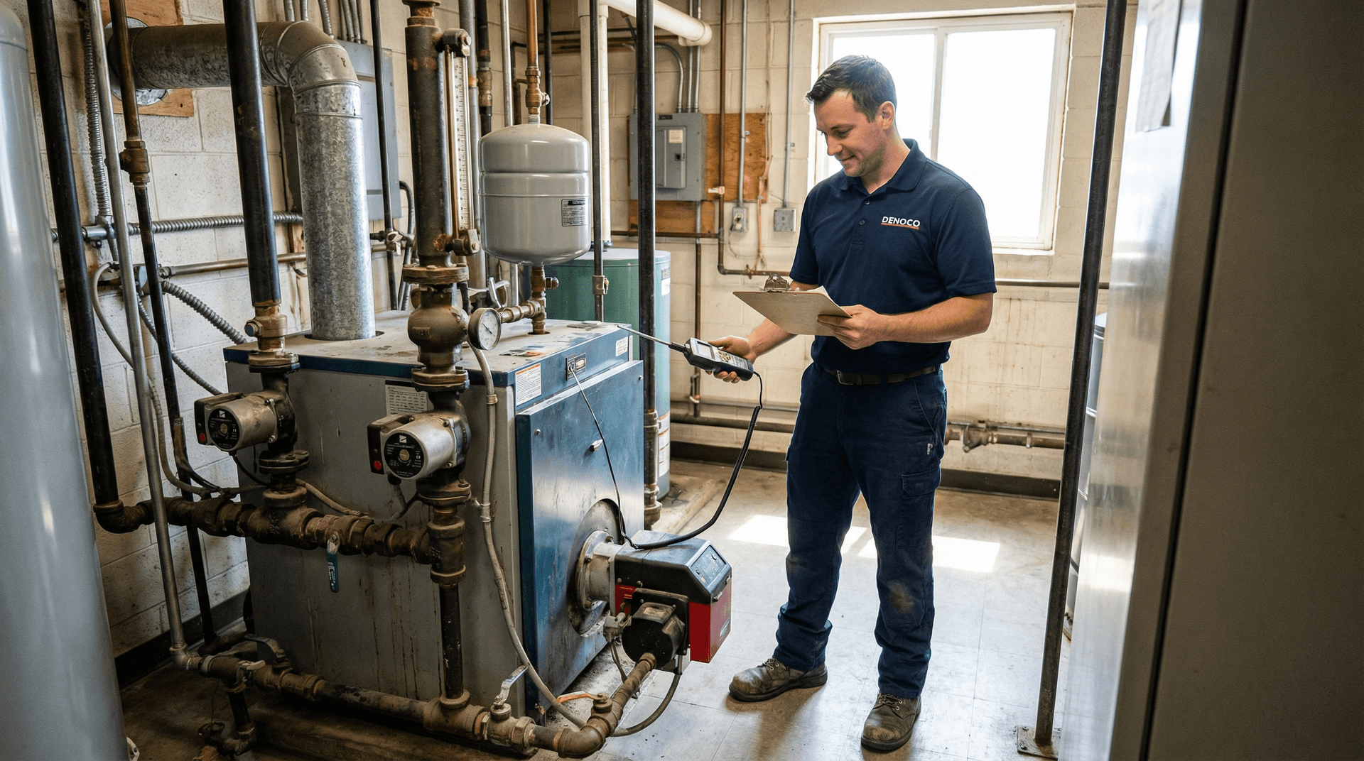 Denoco technician performing a seasonal boiler and hydronic system check in a commercial mechanical room
