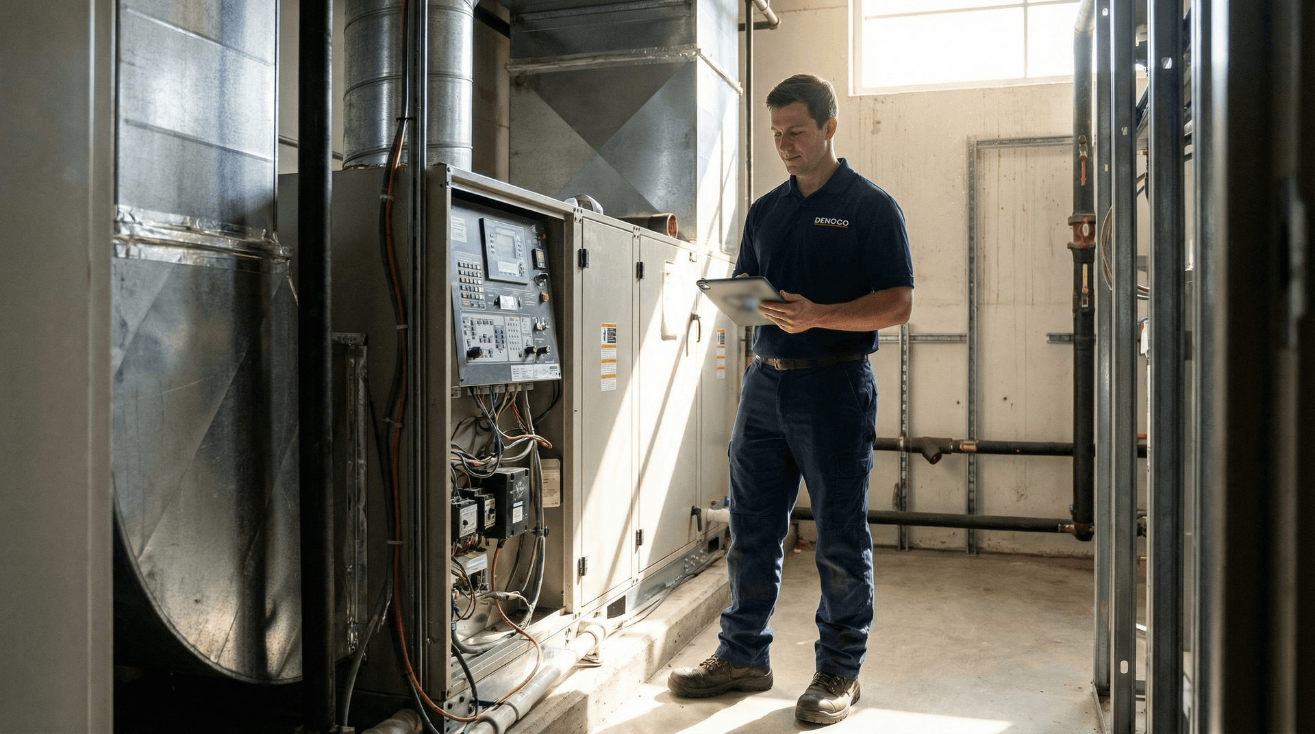 Denoco technician reviewing commercial HVAC maintenance reporting and controls