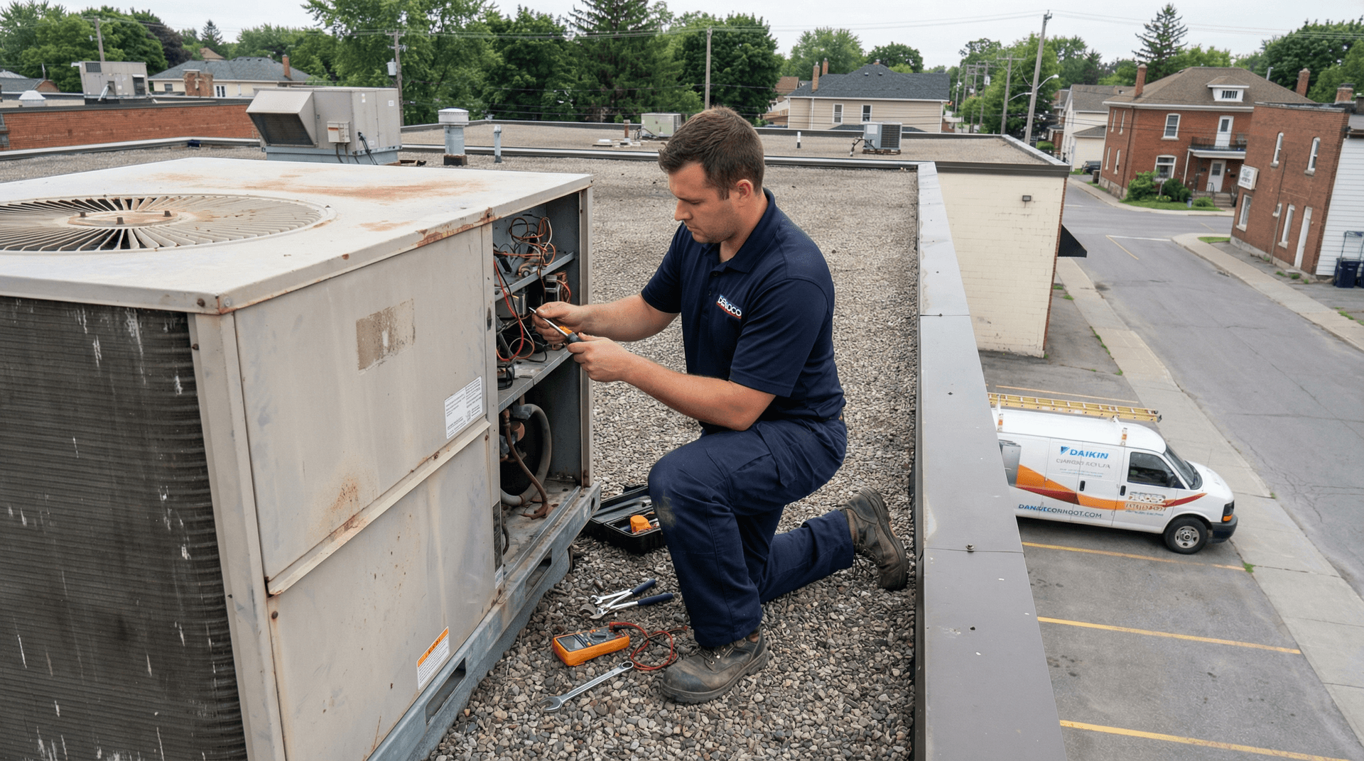 Denoco technician performing preventative maintenance on a commercial rooftop unit (RTU)