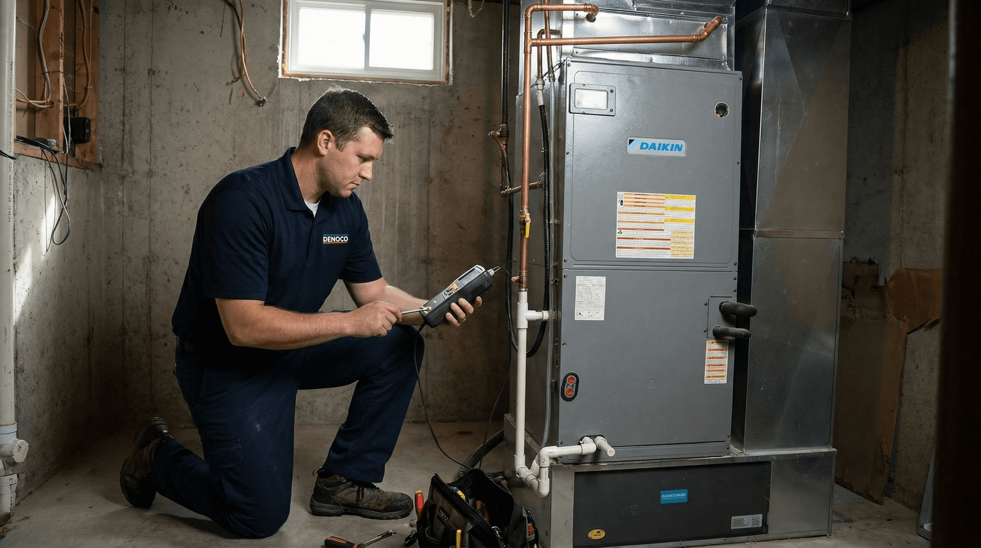 Combustion safety check on a Daikin high-efficiency furnace in a mechanical room