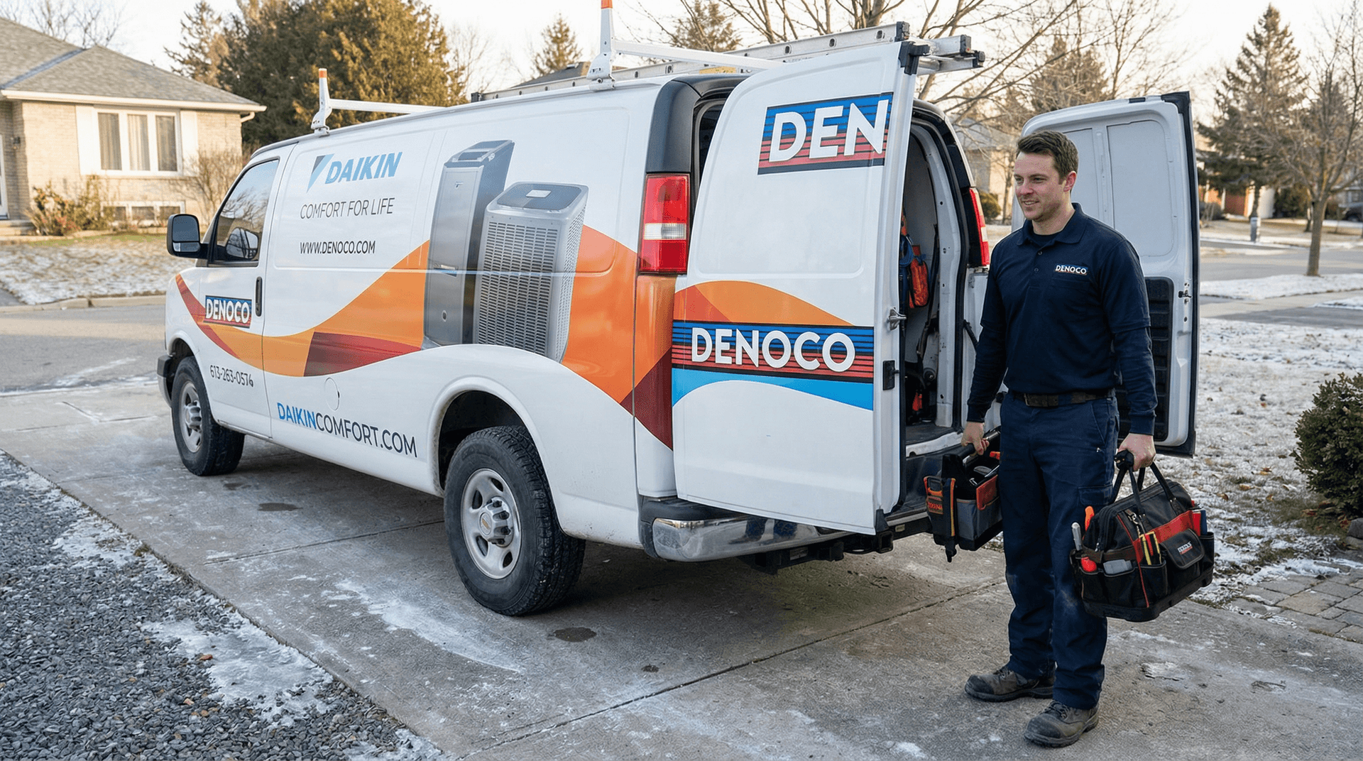 Denoco service van and technician arriving for a heat pump project
