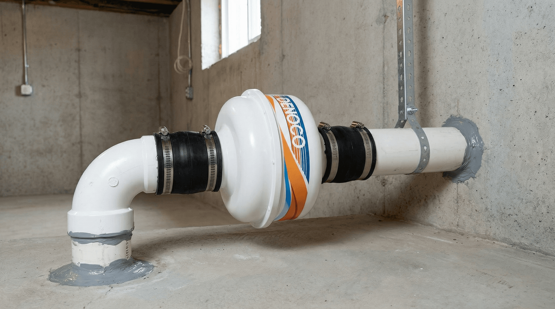 Radon exhaust fan and sealed PVC connections