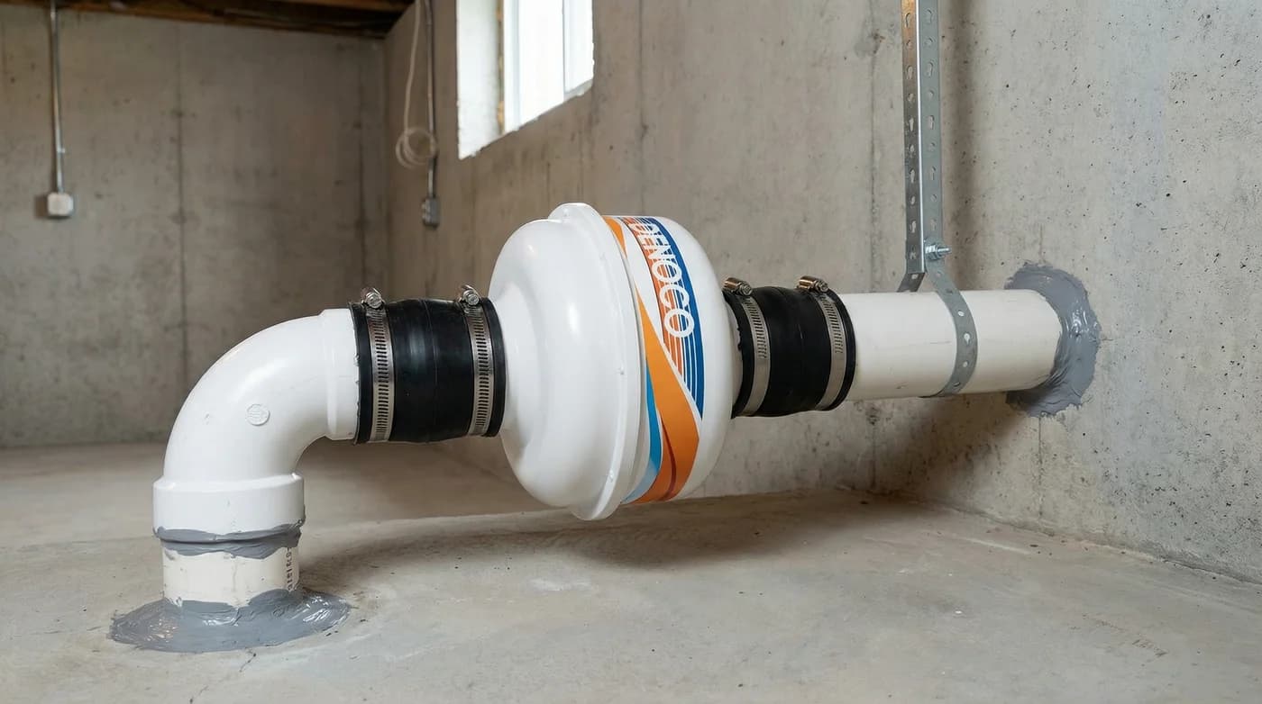Radon exhaust fan and sealed PVC connections