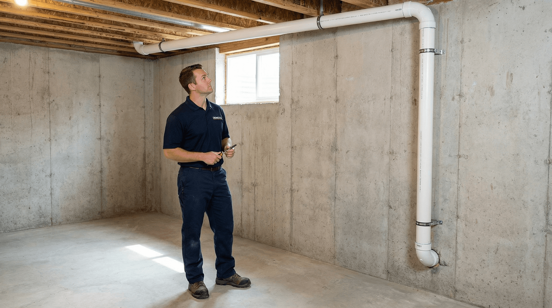 Radon stack routing through a basement to exterior discharge