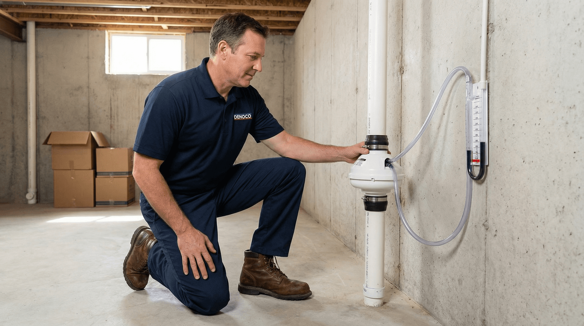 Radon mitigation pipe, fan, and verification setup in South-Eastern Ontario