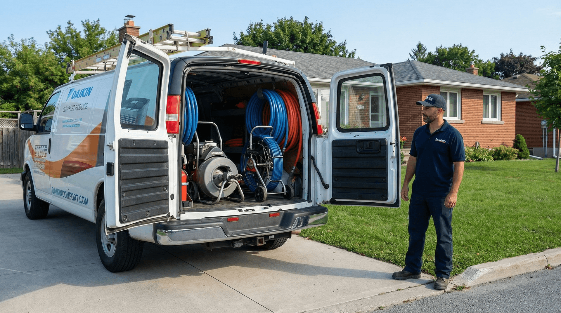 Denoco drain service crew with branded van and drain cleaning equipment