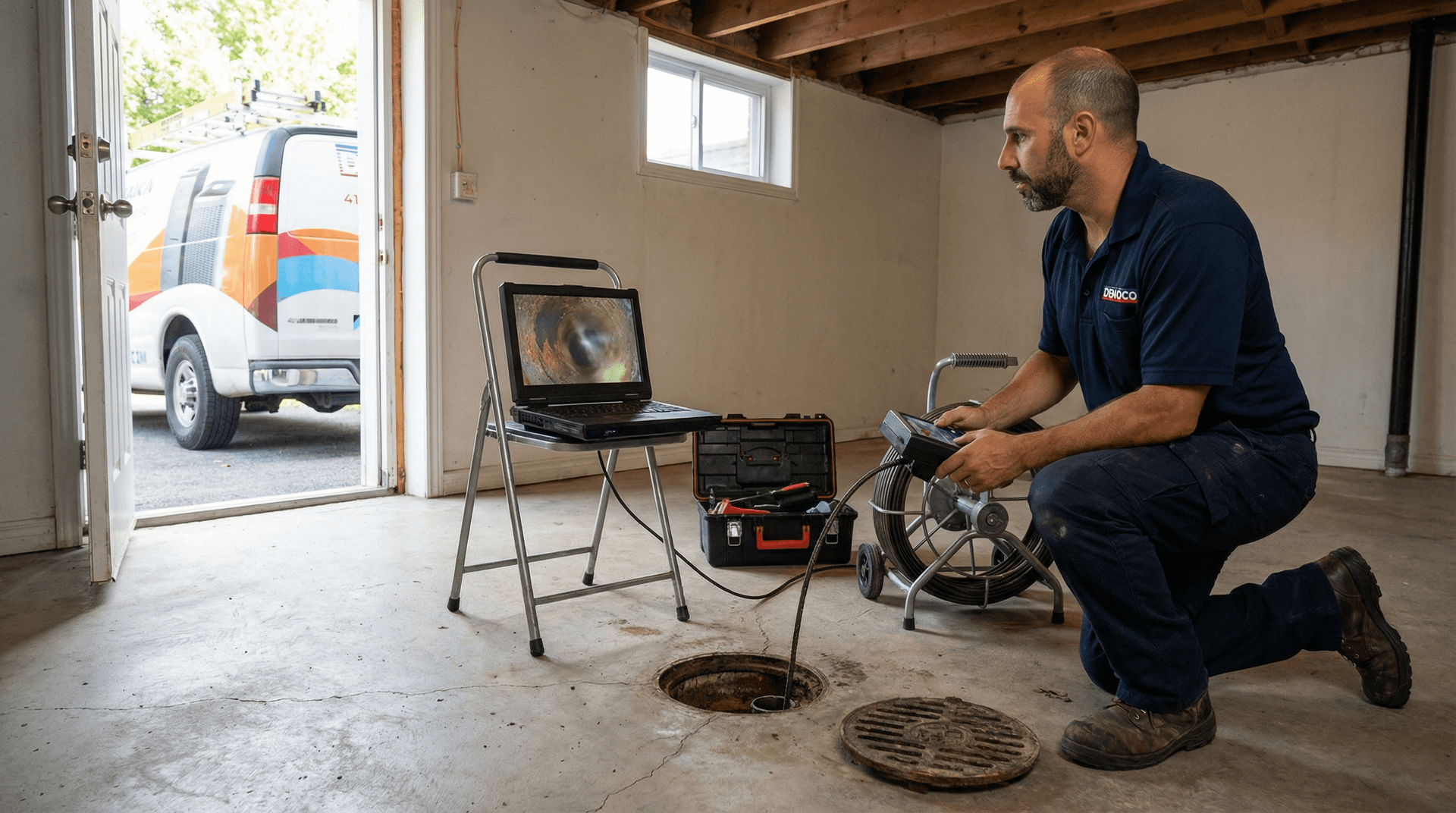 Sewer camera inspection at a floor drain cleanout