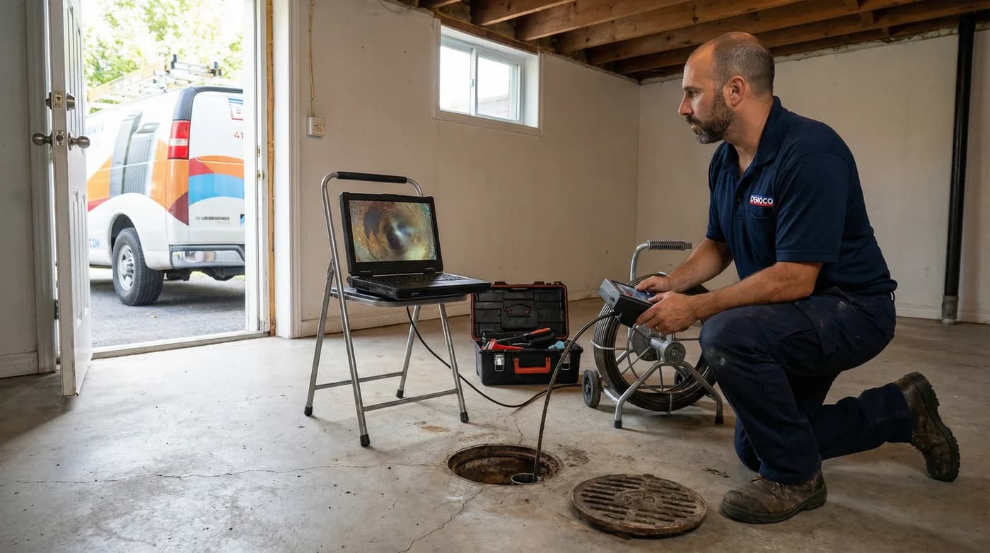 Sewer camera inspection at a floor drain cleanout