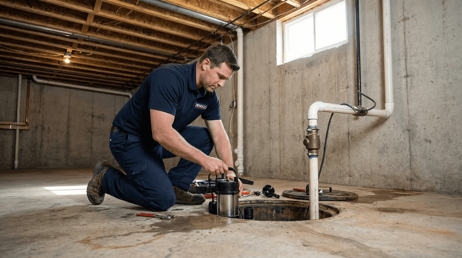 Denoco technician servicing sump pump and discharge in a South-Eastern Ontario basement