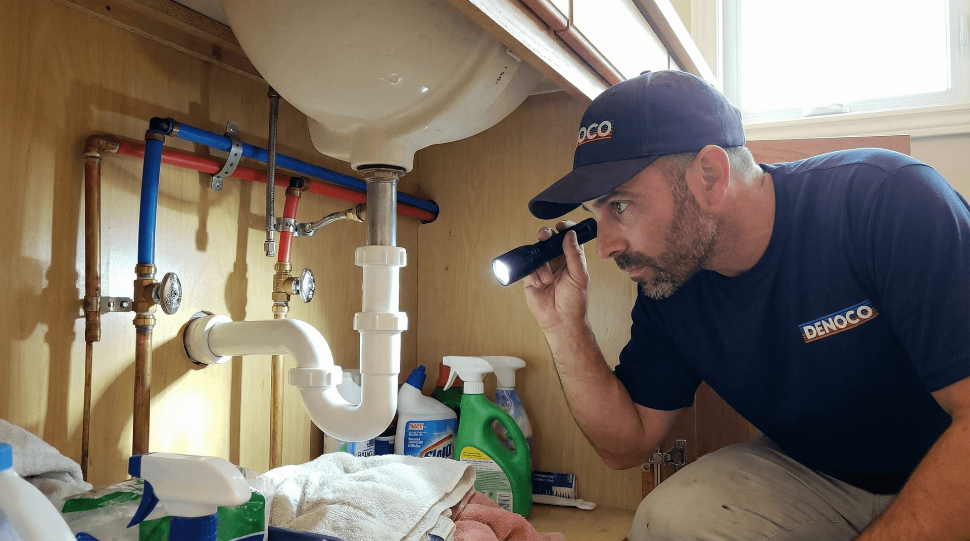 Clean plumbing repair under a vanity with supported piping
