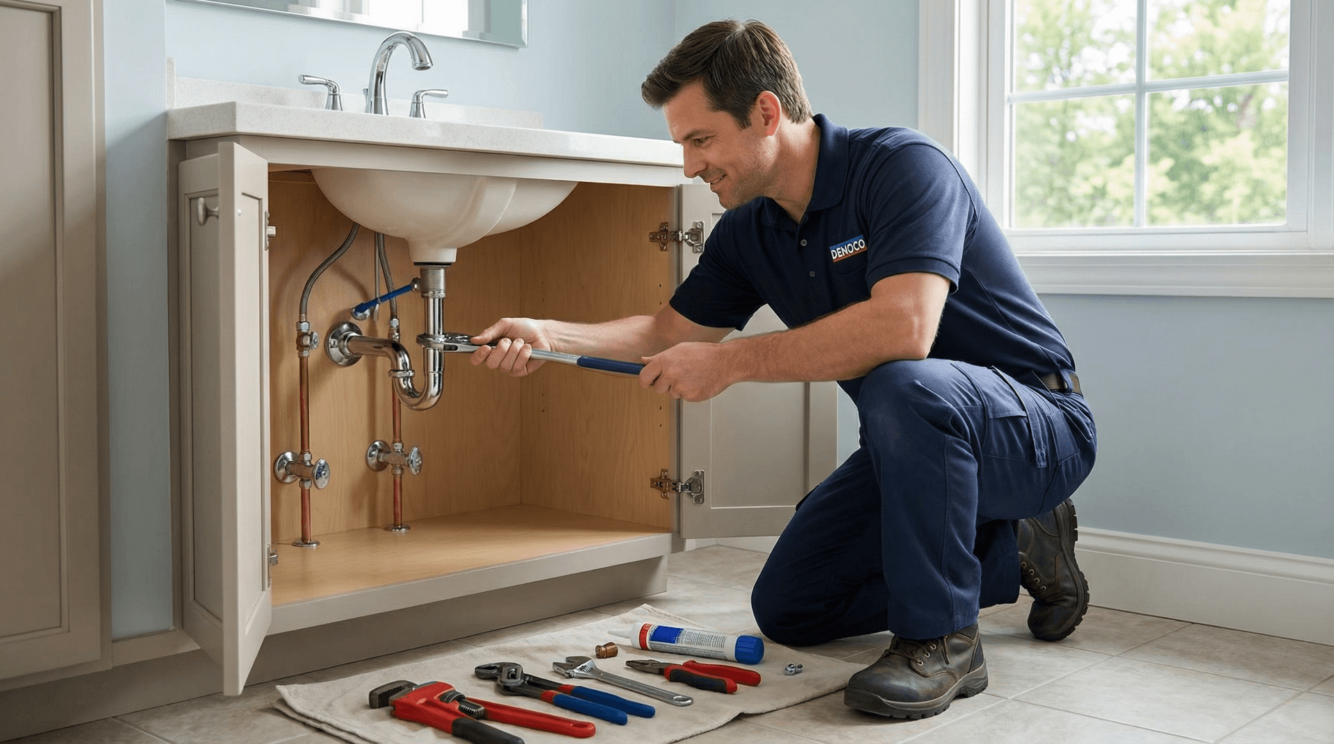 Denoco plumber repairing kitchen faucet and supply lines in South-Eastern Ontario