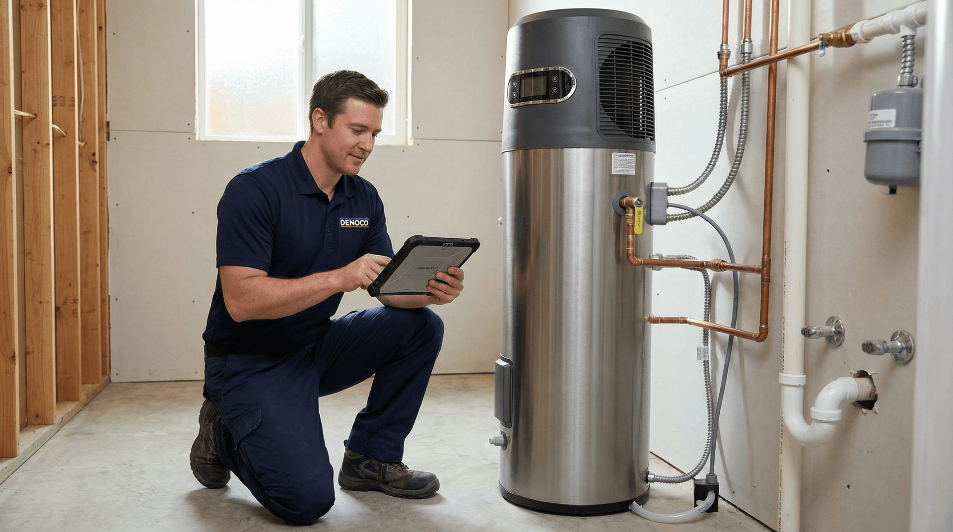 Heat pump or tankless water heater commissioning in a utility room