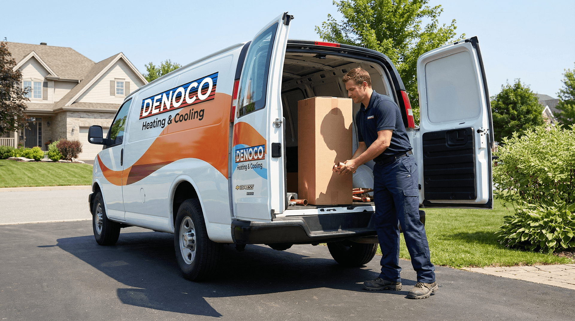Denoco service van and plumber with water heater installation equipment at an Ontario home