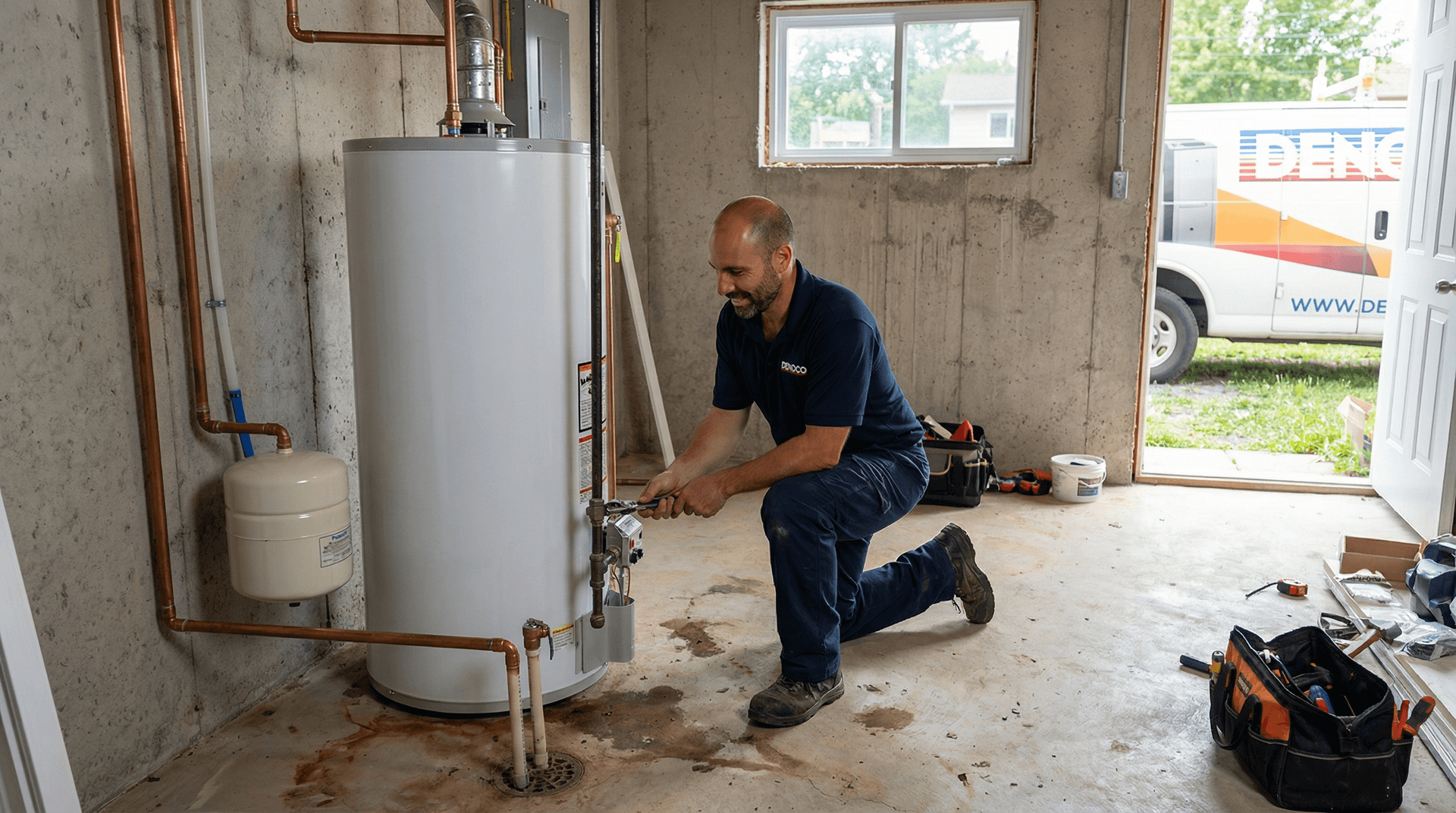 Denoco plumber installing a residential storage tank water heater in South-Eastern Ontario