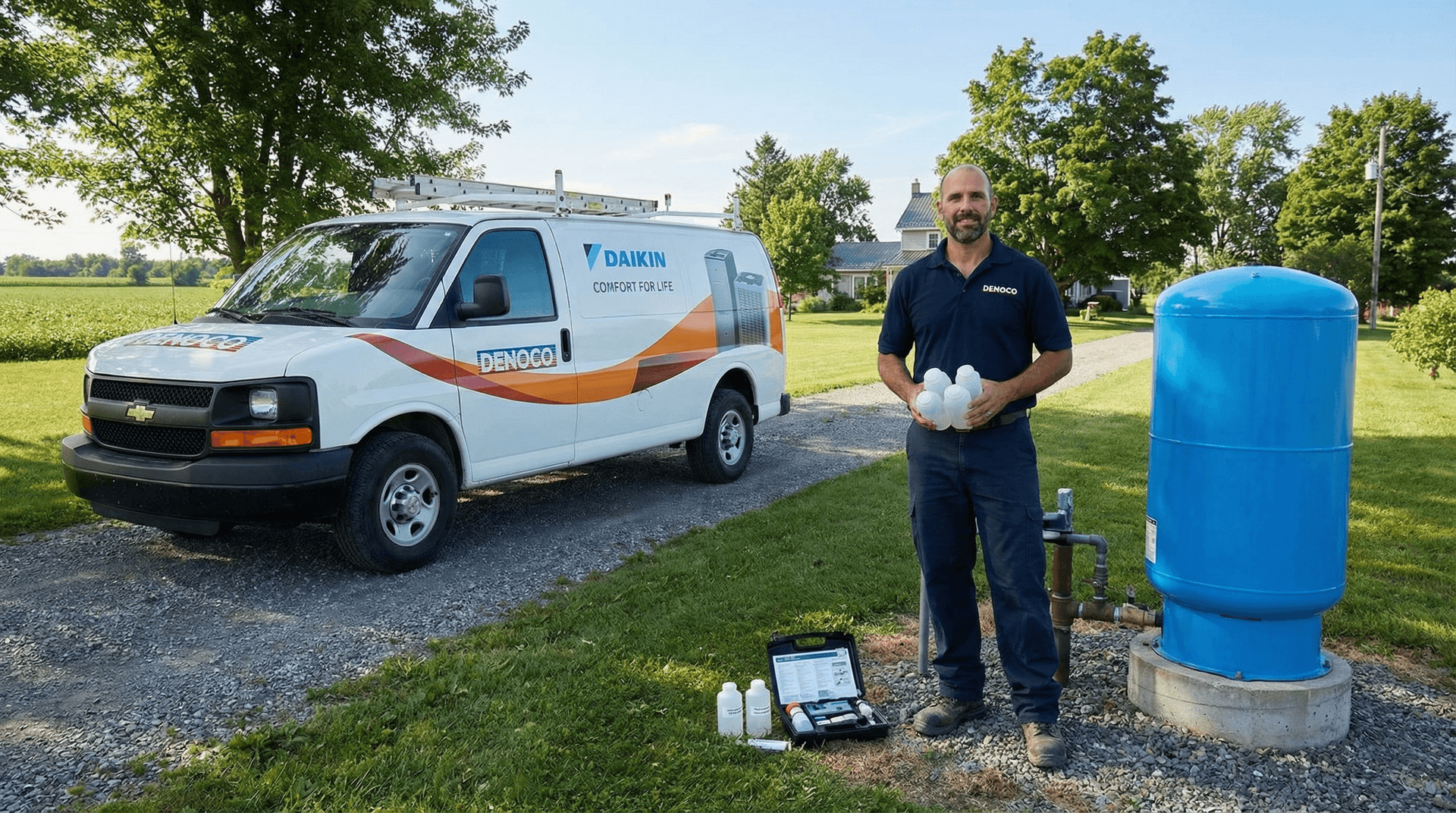 Denoco service van and technician collecting a water sample at a rural Eastern Ontario home