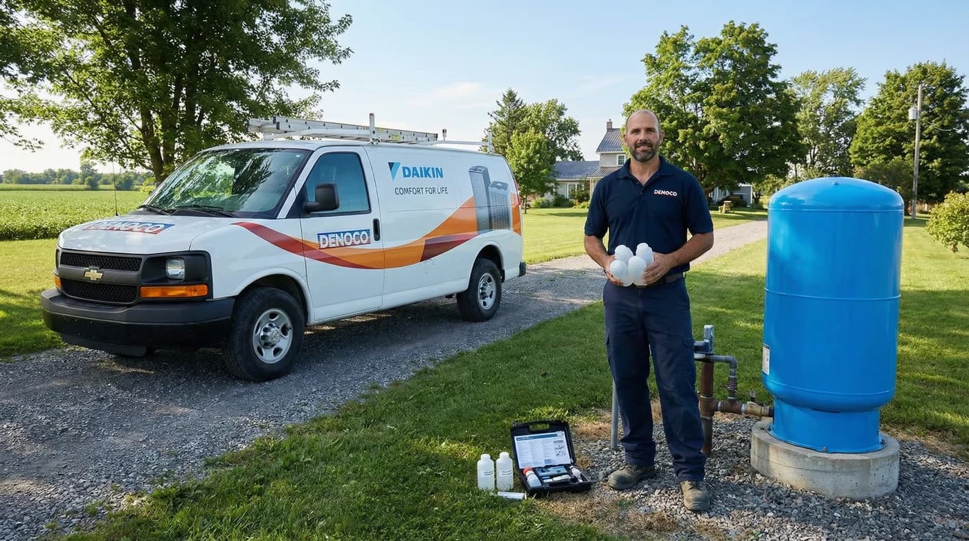 Denoco service van and technician collecting a water sample at a rural Eastern Ontario home