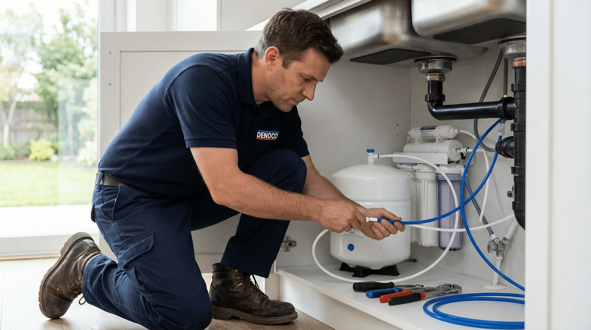 Denoco technician installing an under-sink reverse osmosis drinking water system