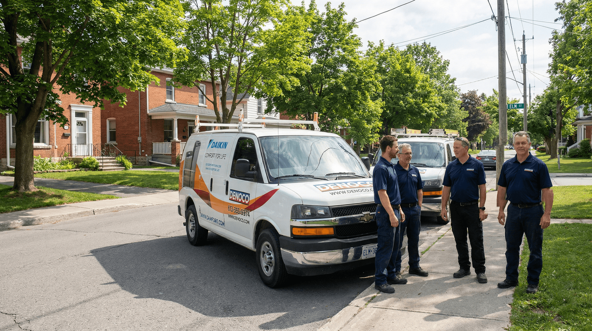Denoco technicians in uniform with two Denoco service vans on an Eastern Ontario street