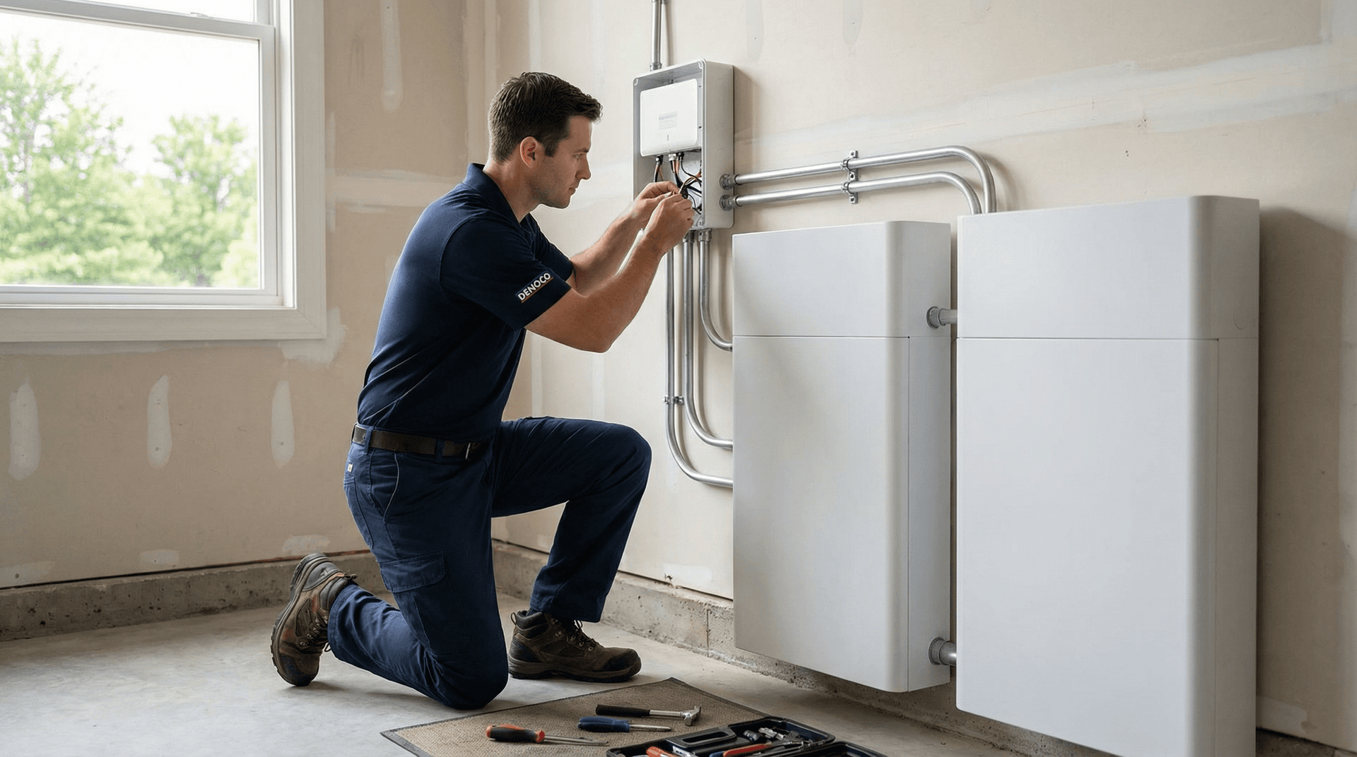 Denoco technician installing a home battery storage system and backup gateway in South-Eastern Ontario