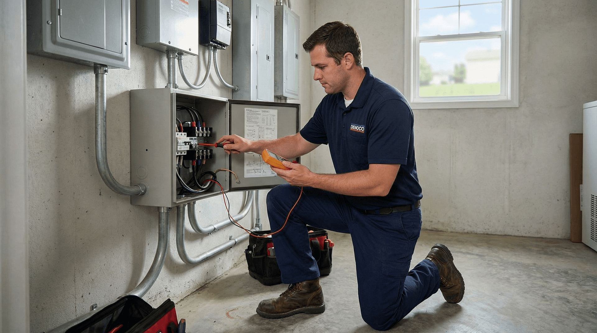 Automatic transfer switch wiring and inspection beside main electrical panel