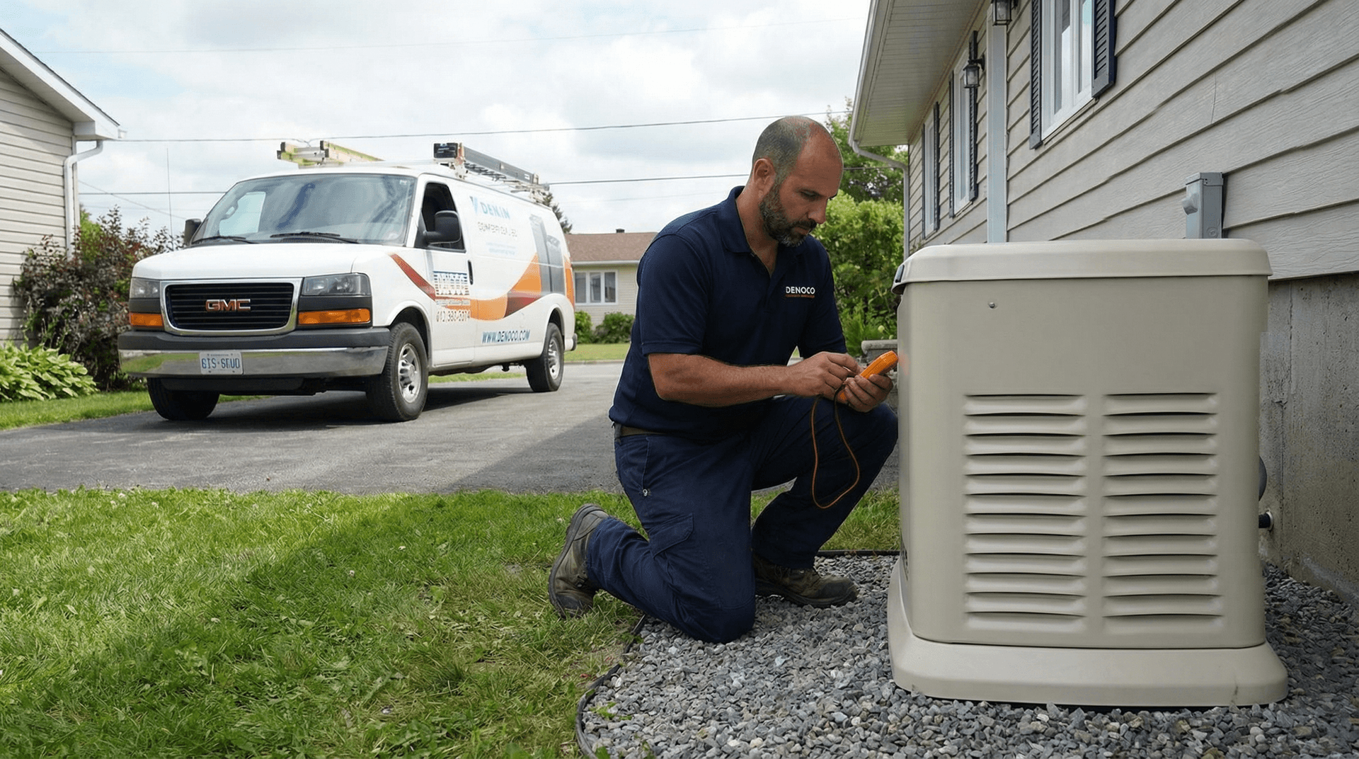 Denoco technician inspecting a Kohler standby generator installation in South-Eastern Ontario