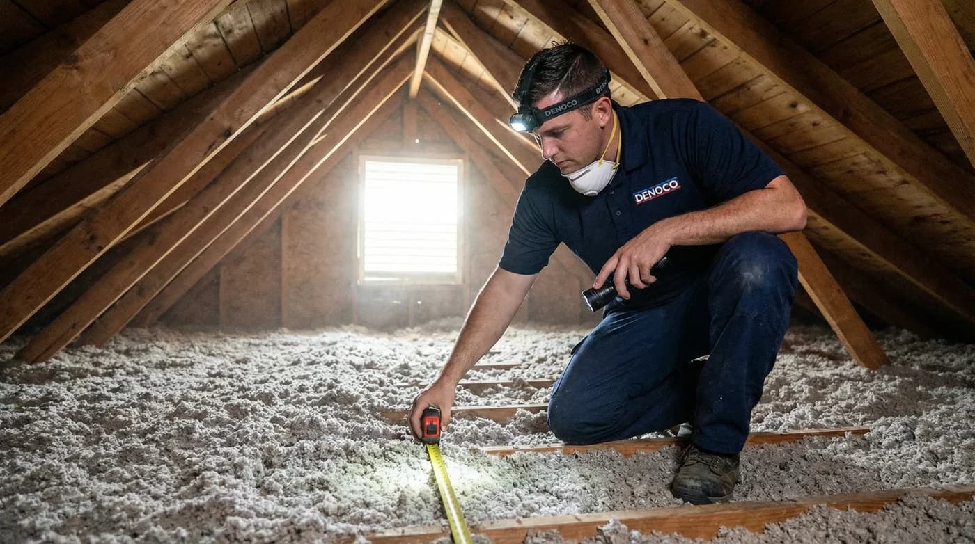 Attic insulation depth inspection and air sealing checks during an energy assessment
