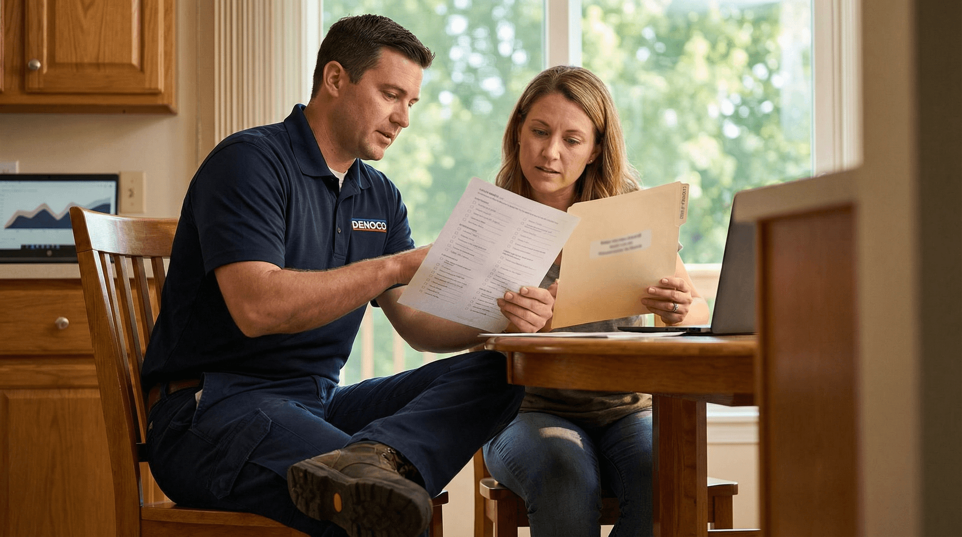 Denoco advisor presenting a staged upgrade roadmap and rebate checklist to a homeowner