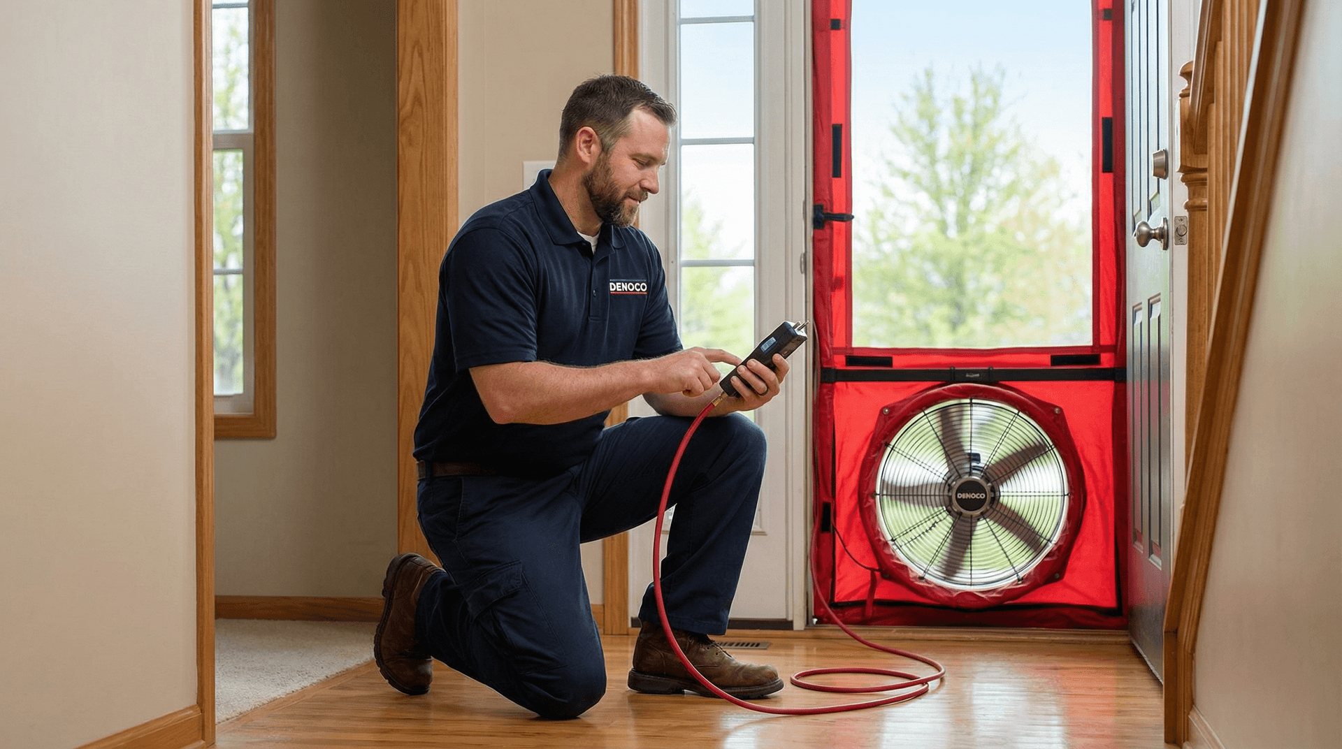 Denoco energy advisor performing a blower door test during a home energy assessment in South-Eastern Ontario