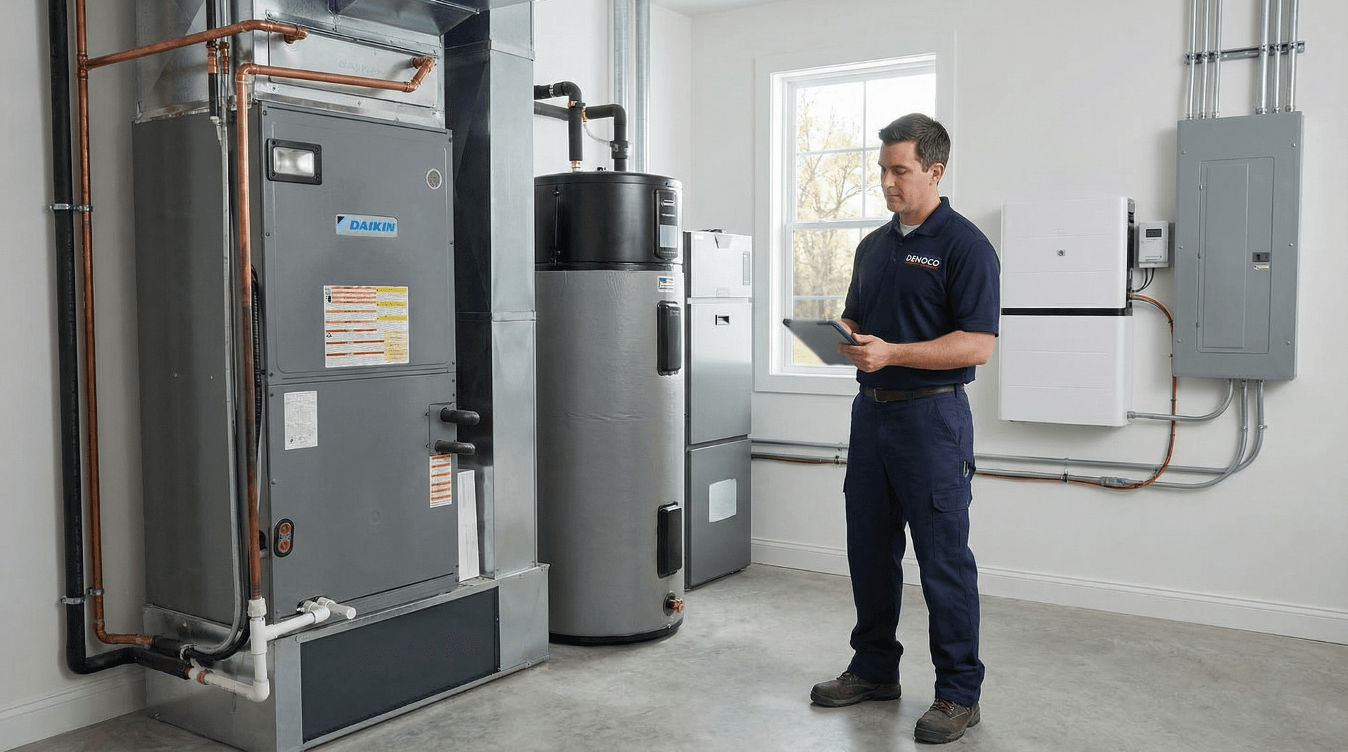 Resilient all-electric mechanical room with heat pump, ventilation, and battery backup commissioned by Denoco