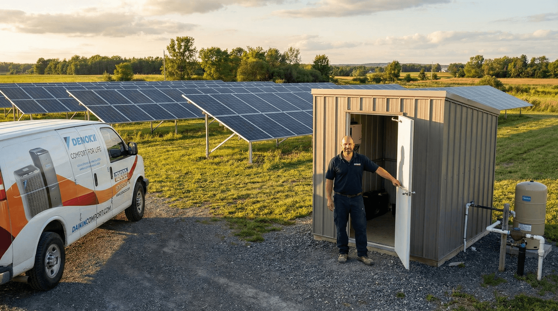 Denoco technician inspecting a resilient rural homestead energy system with solar, batteries, and generator integration