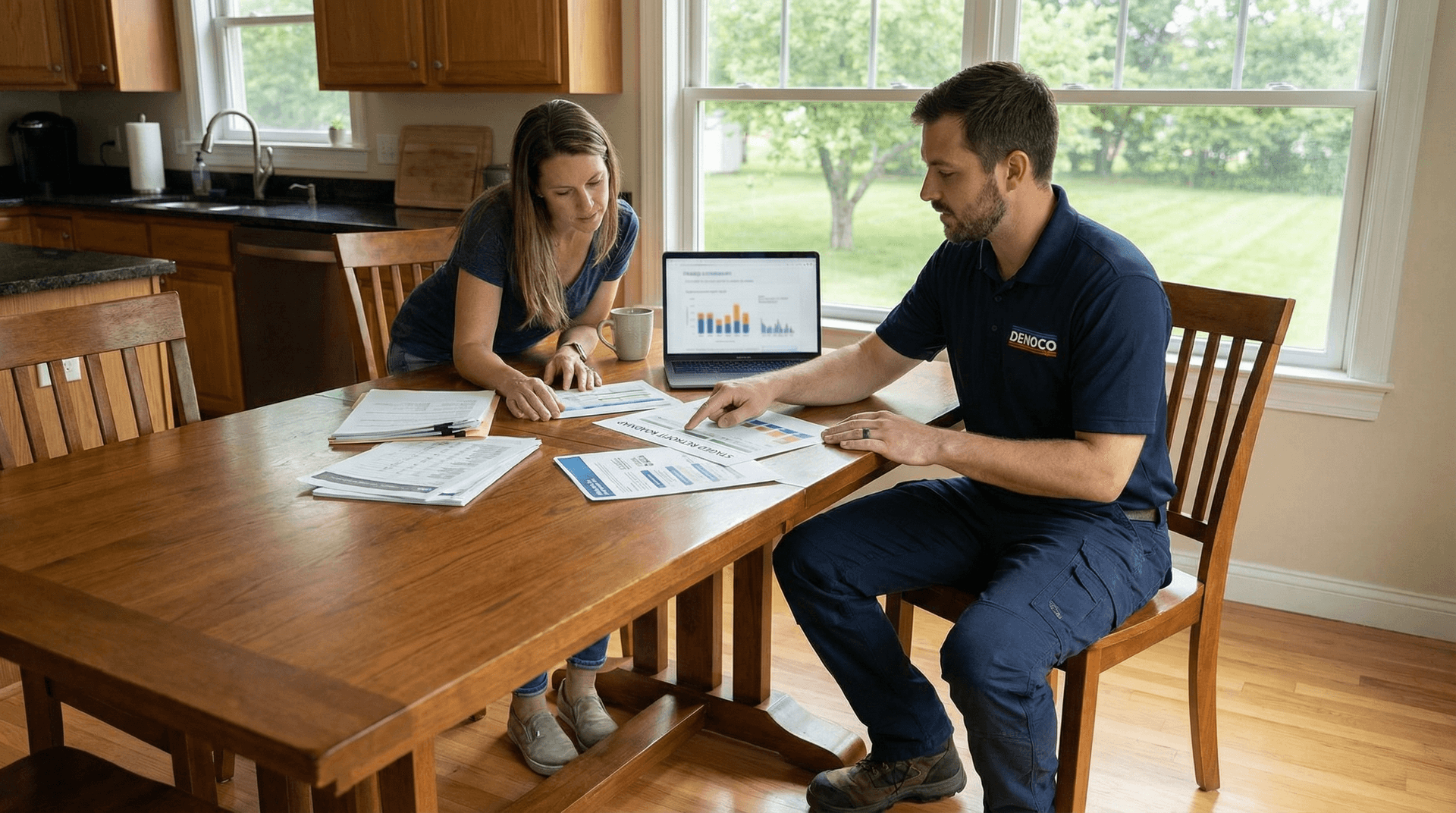 Denoco energy advisor and homeowner reviewing a staged net-zero planning roadmap in South-Eastern Ontario